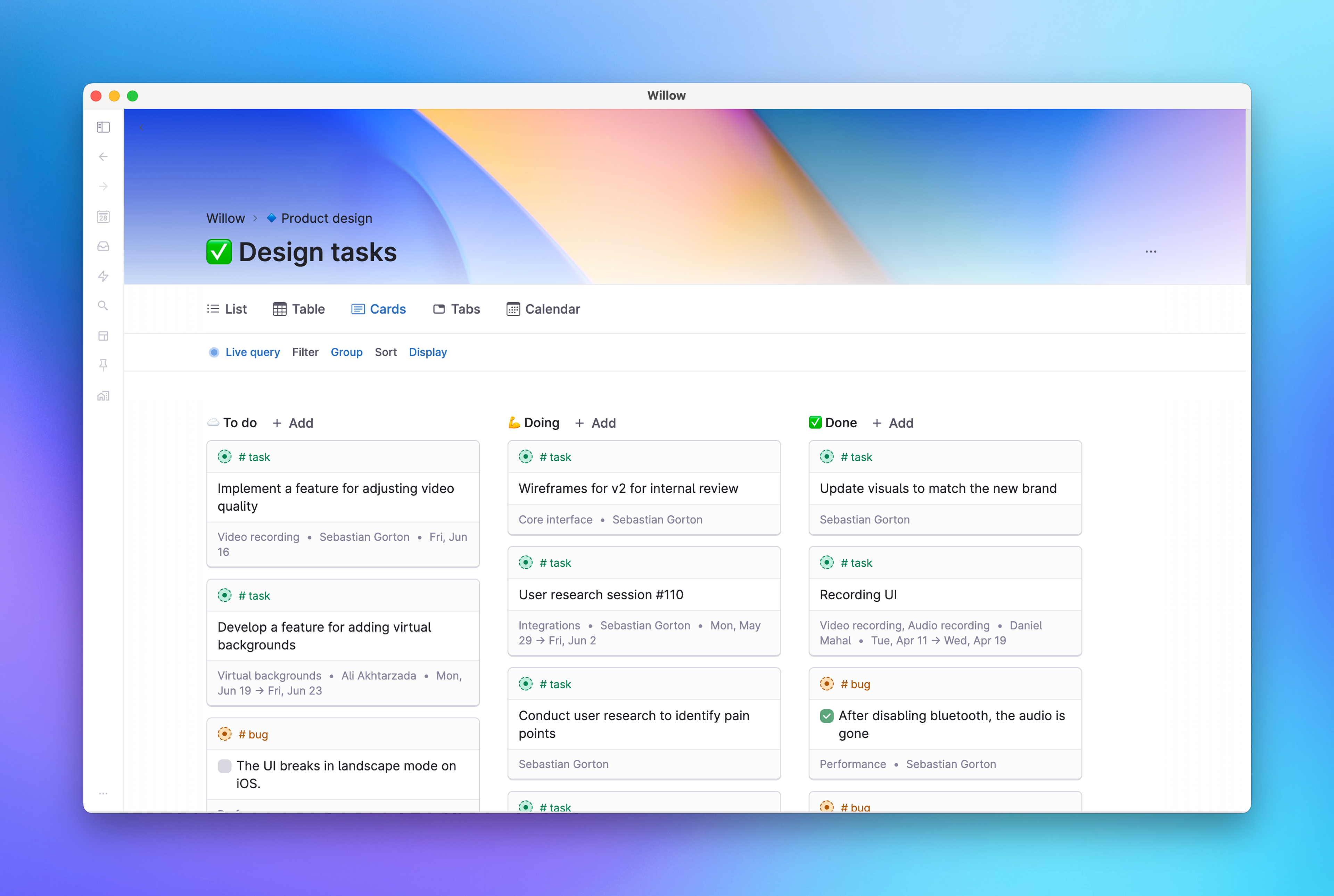 Willow - Screenshot of Design Tasks in cards view