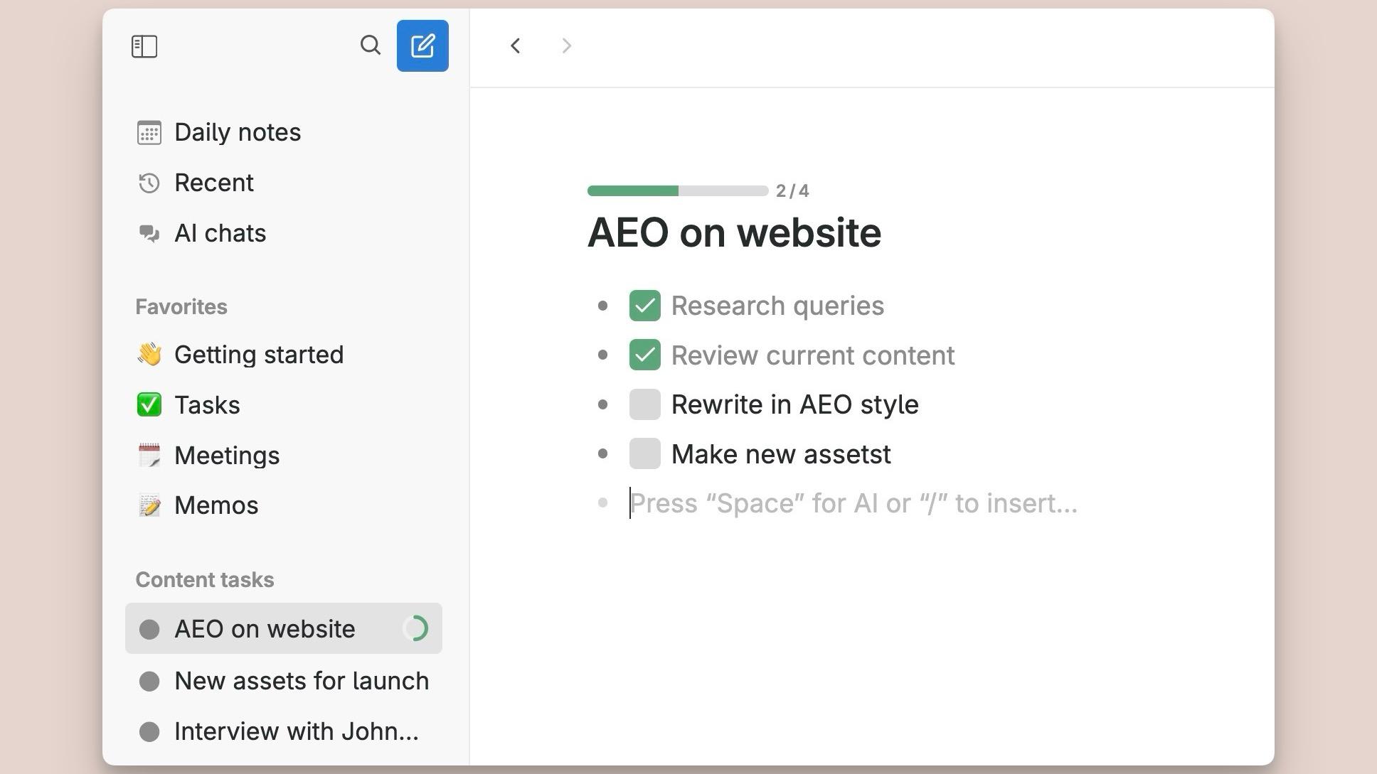 The new Tana sidebar lets you create custom sections, and will show progress bar indicators
