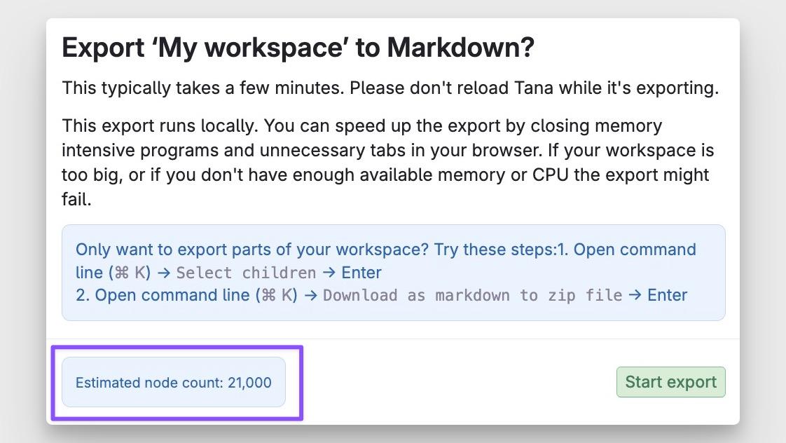 Node estimate in workspace export modal