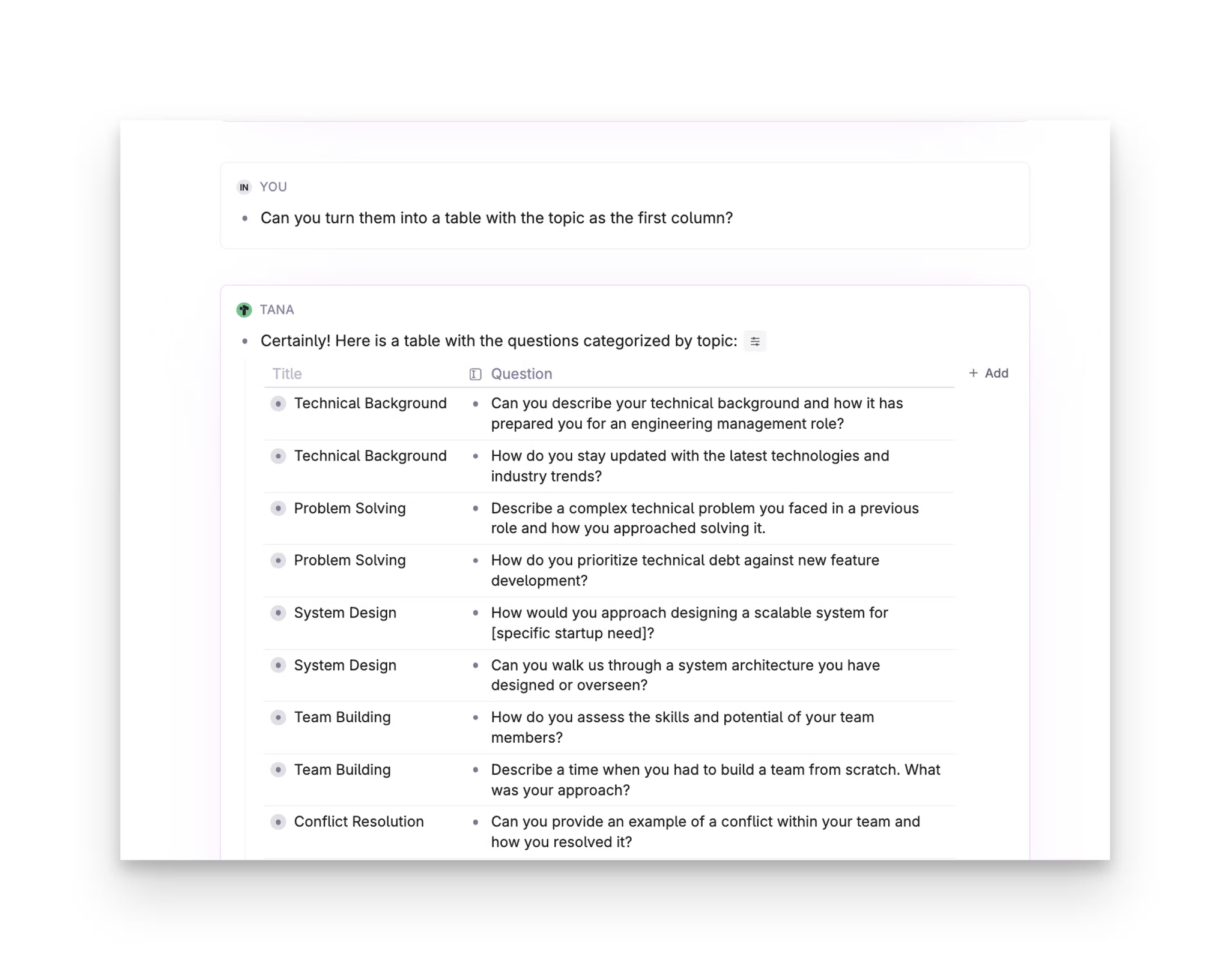 table AI chat