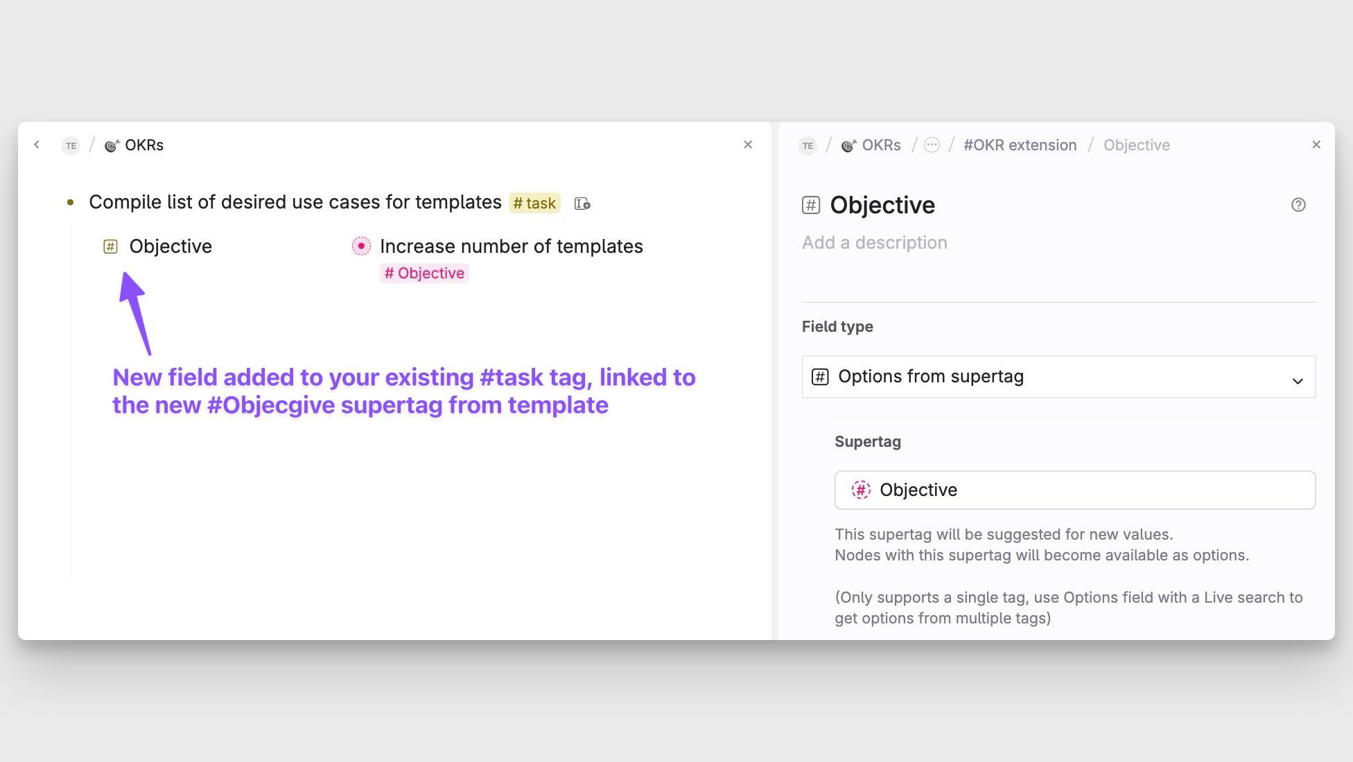 Template integration with existing tag - okr #task example