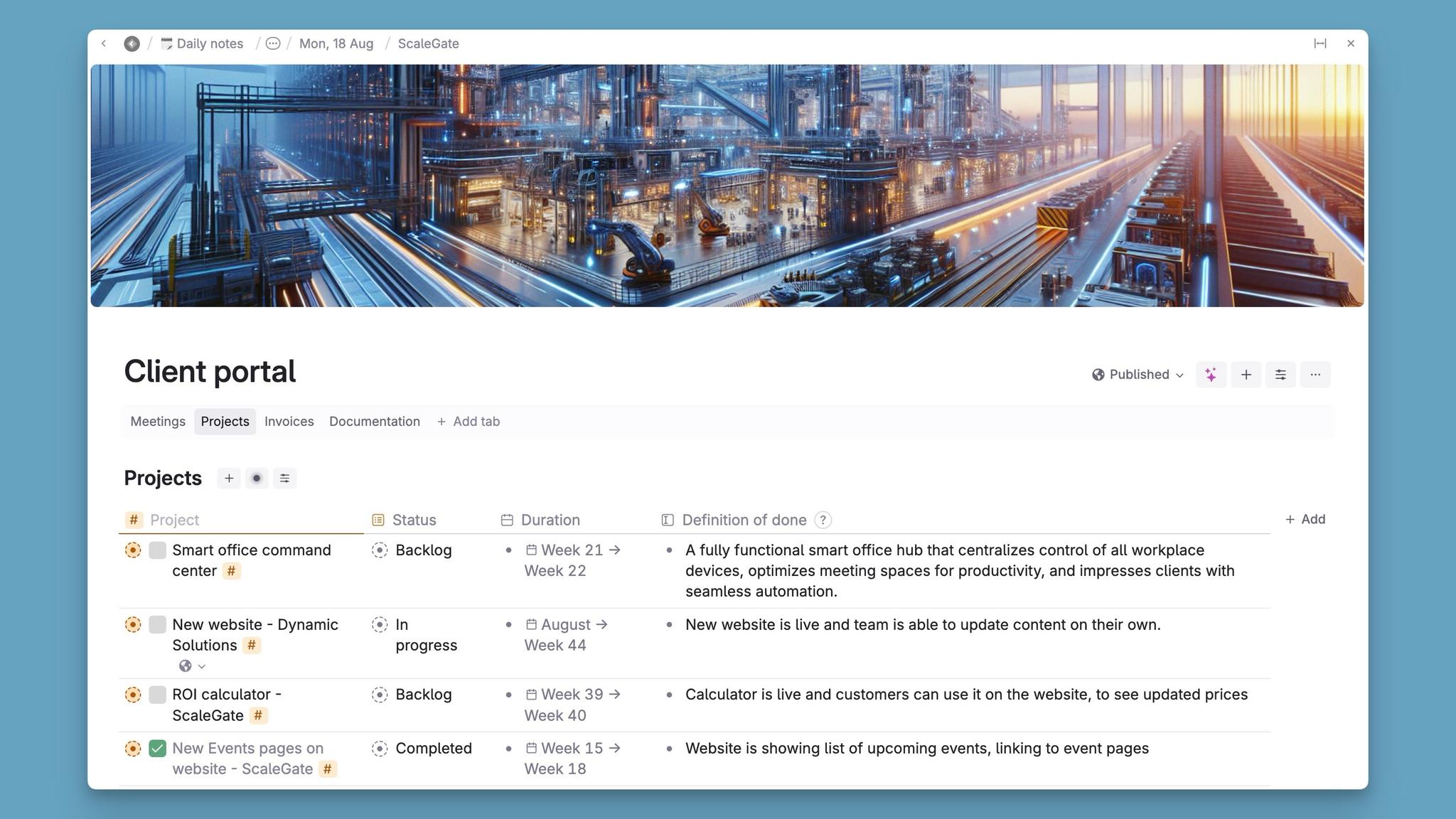 Project overview in Tana Publish, allowing clients to explore details of tasks 
