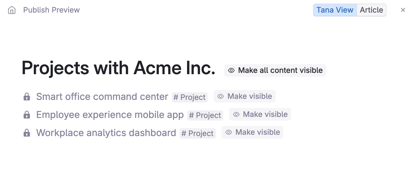 Publish preview with Tana View selected and locked references.