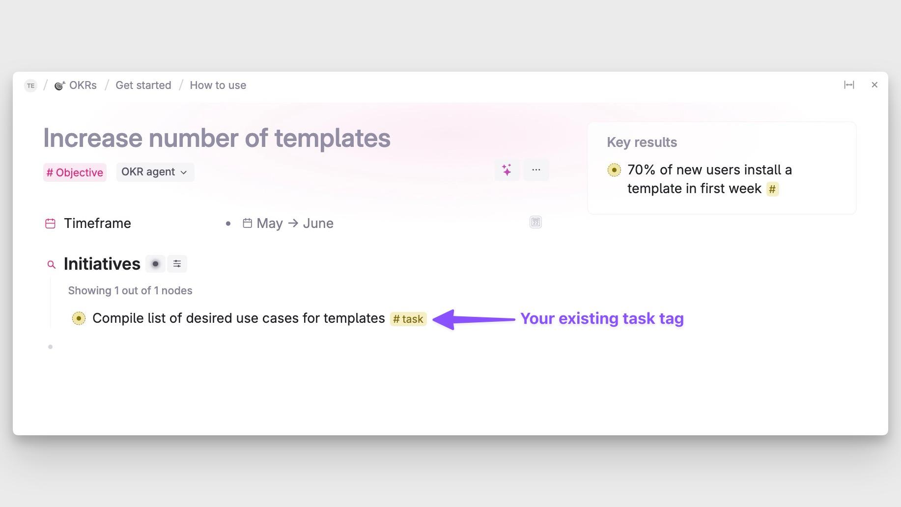 Existing task tag integrated with OKR template