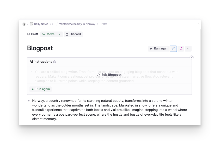 Run again button in draft panel will open prompt editor