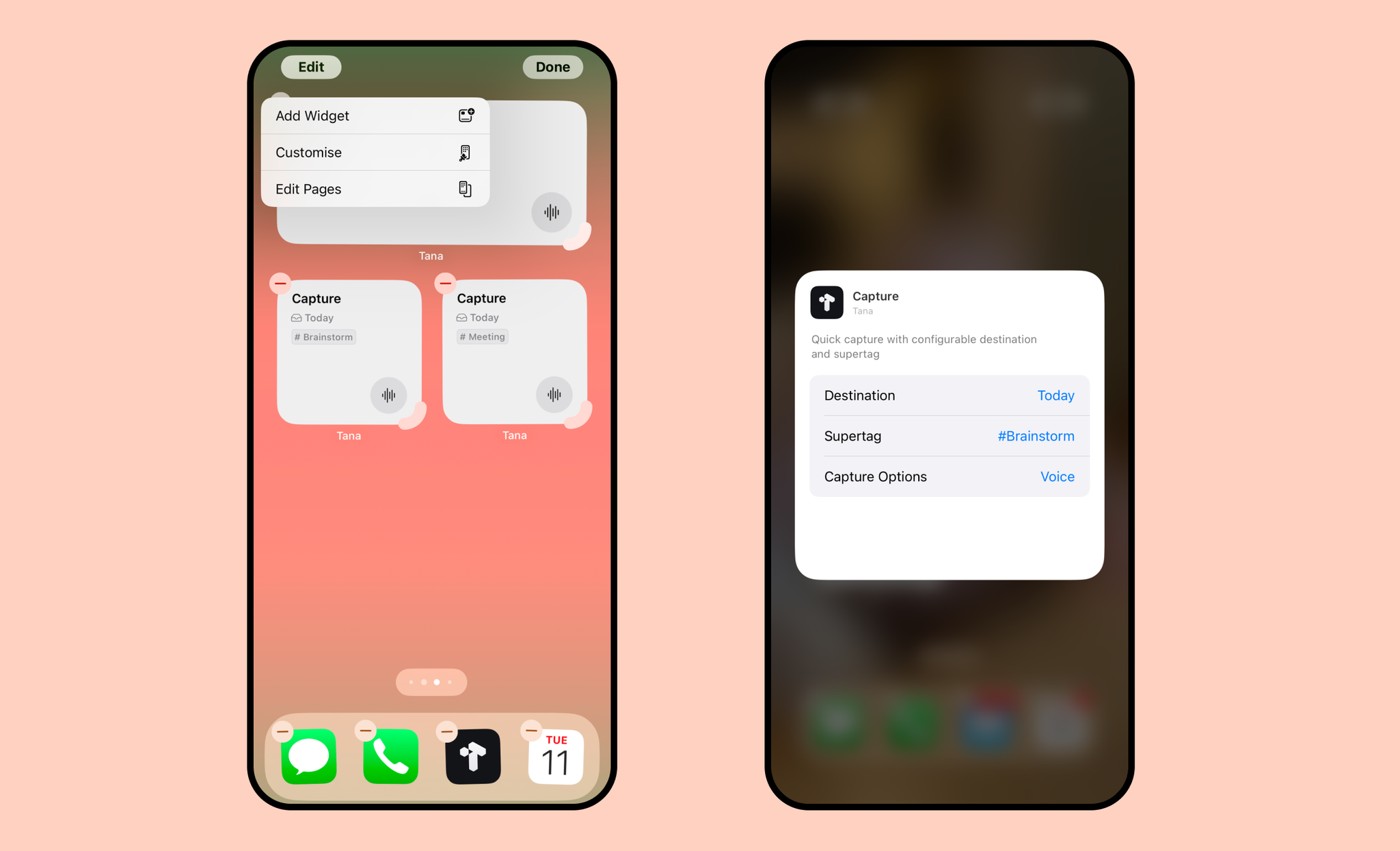 Edit home screen apps to choose supertag, destination and input type