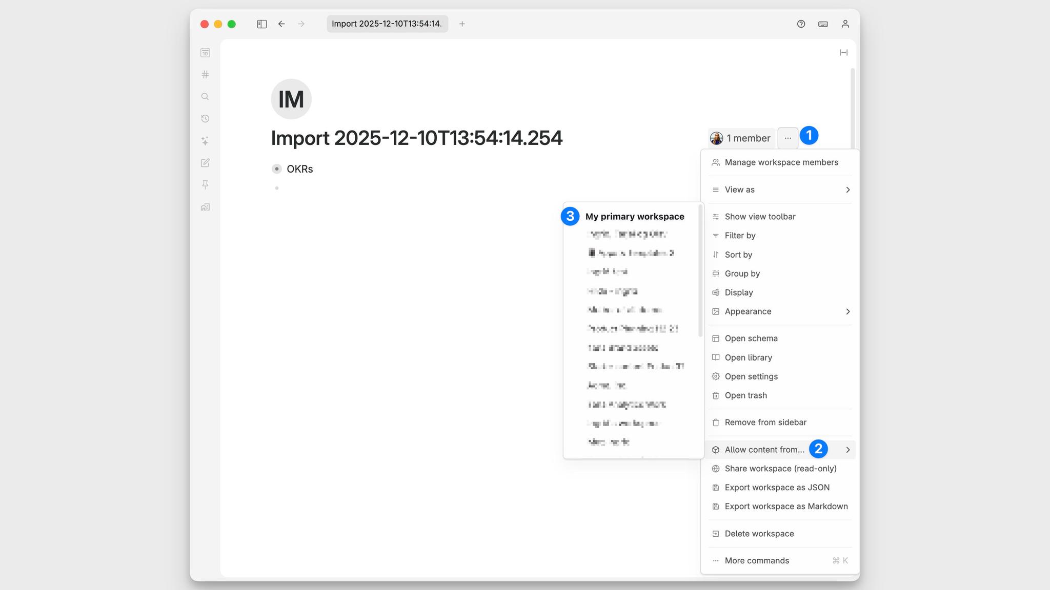 Go to the home of the workspace, click the options menu (three dots) and select Allow content from, to enable using supertags from your main workspace