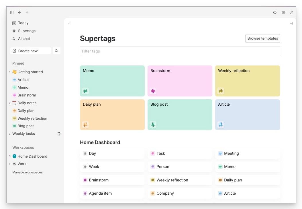 The supertags page in the sidebar allows you to search in all the supertags across workspaces