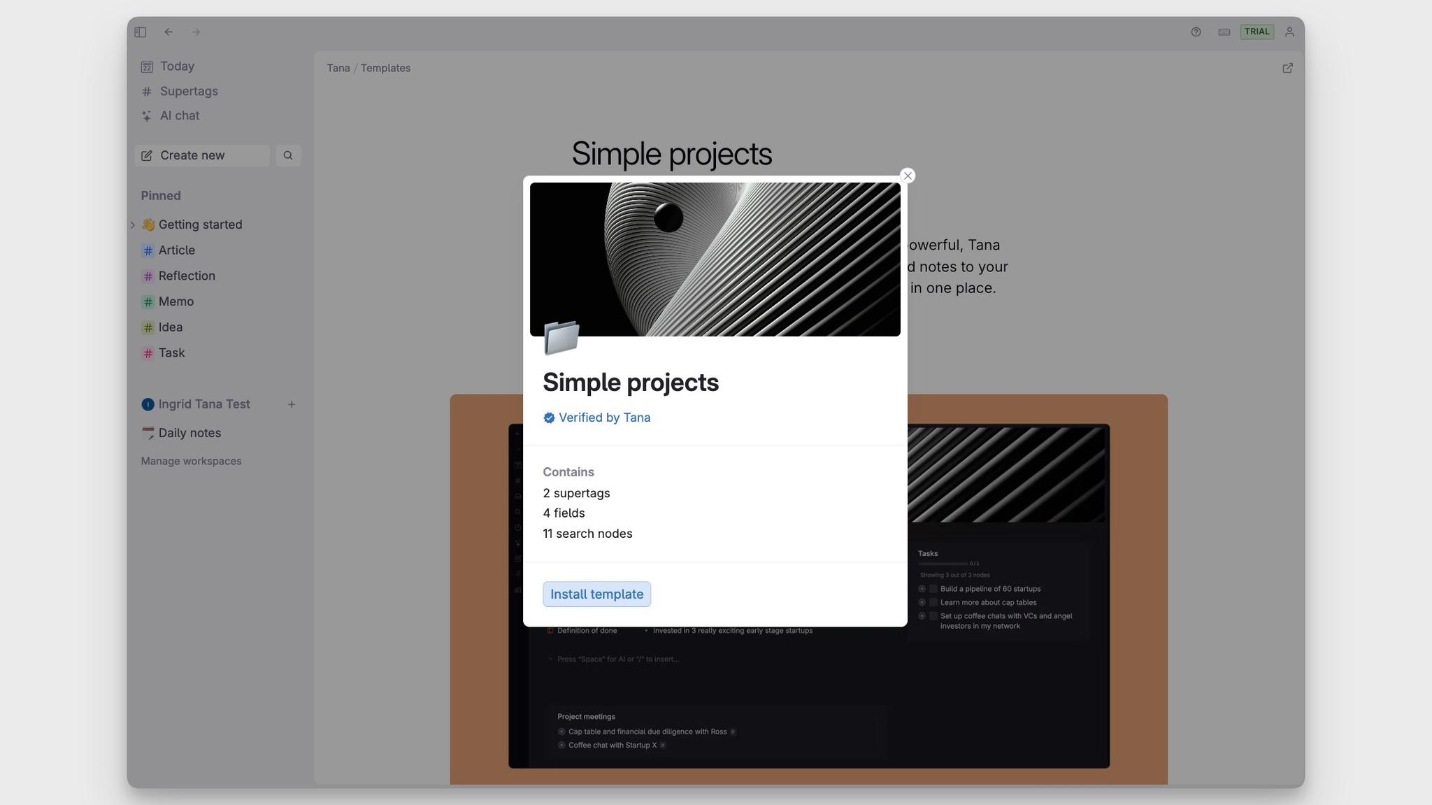 Template installation preview modal projects
