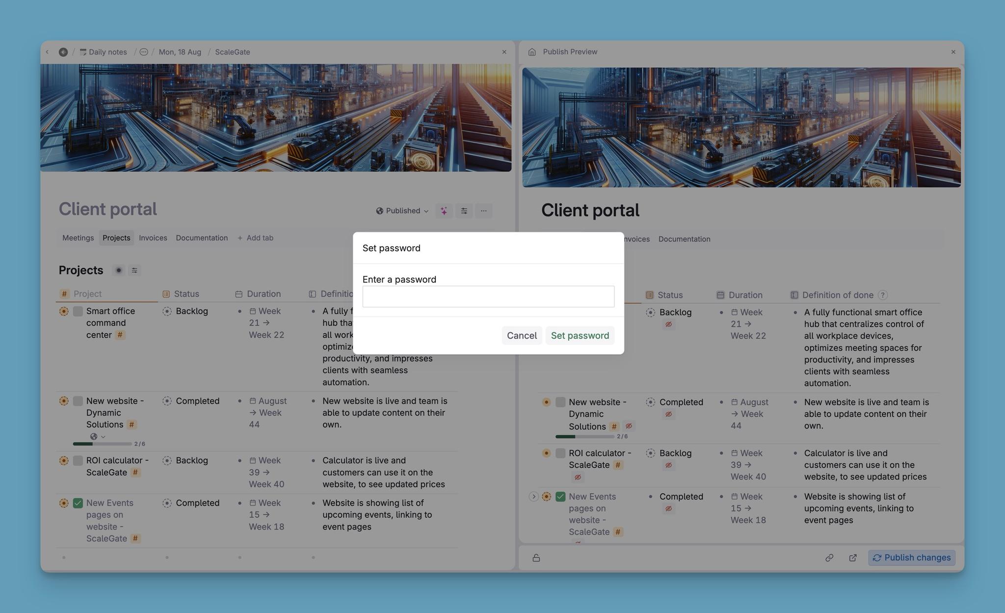Tana Publish lets you set a password that viewes have to enter before viewing the content