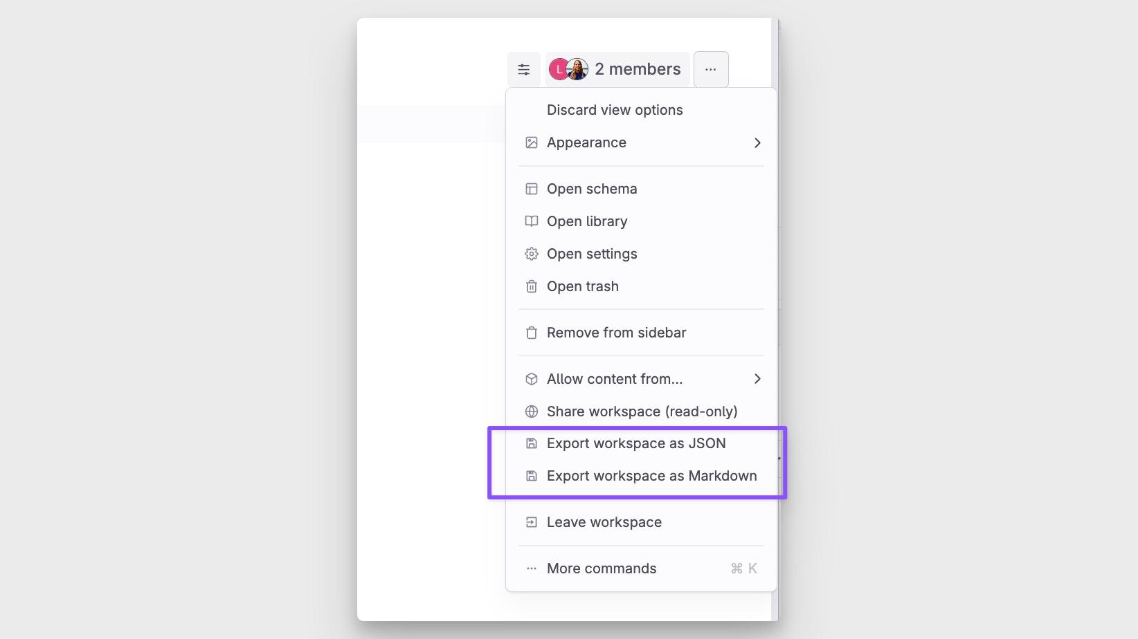 Workspace menu