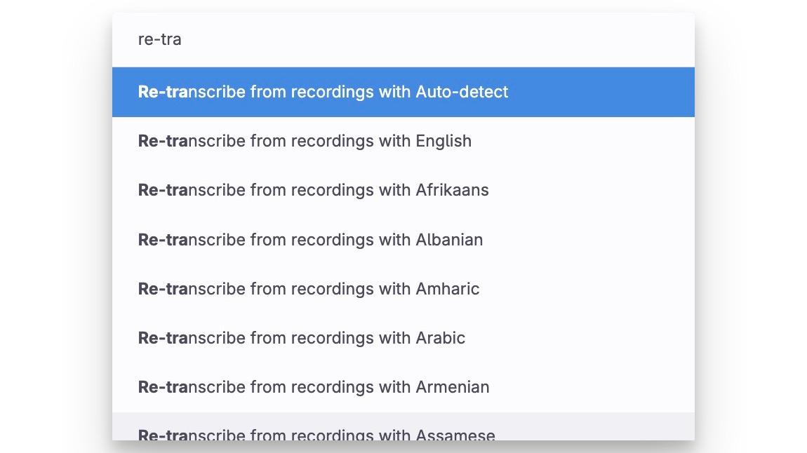 In the command line menu you can select language for re-transcription with the "re-transcribe from recordings" command