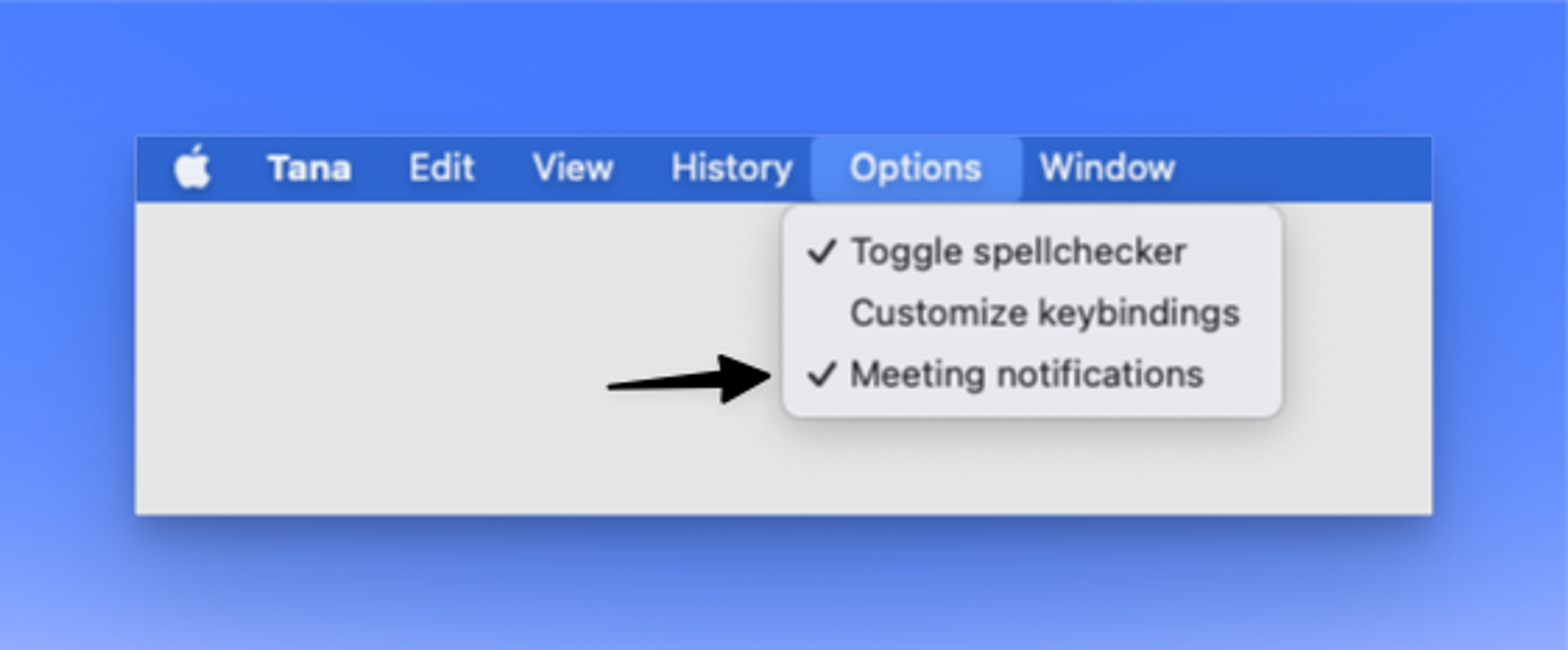 How to enable/disable the Tana Desktop meeting notifications in system menu