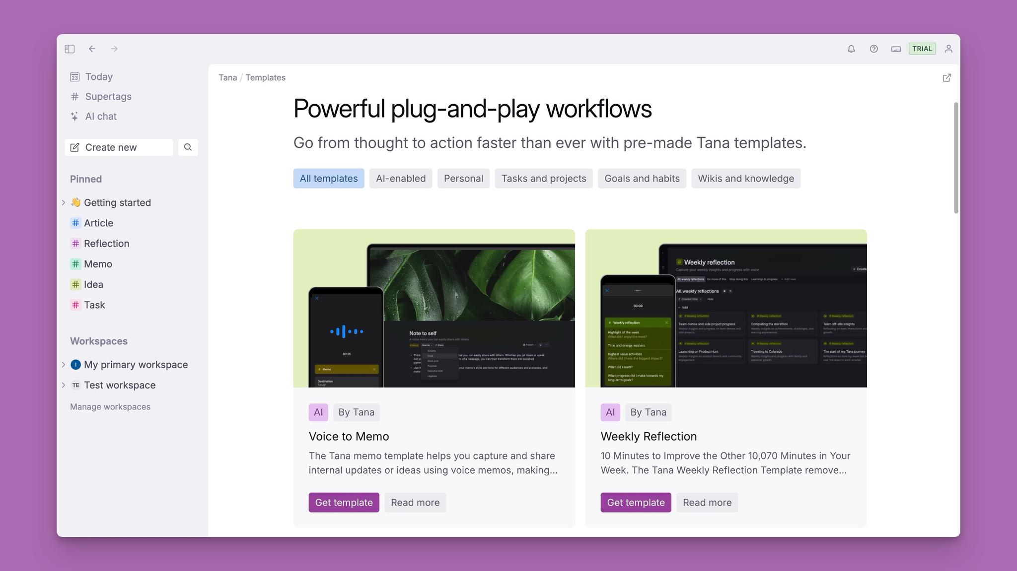 In-app template store in Tana 
