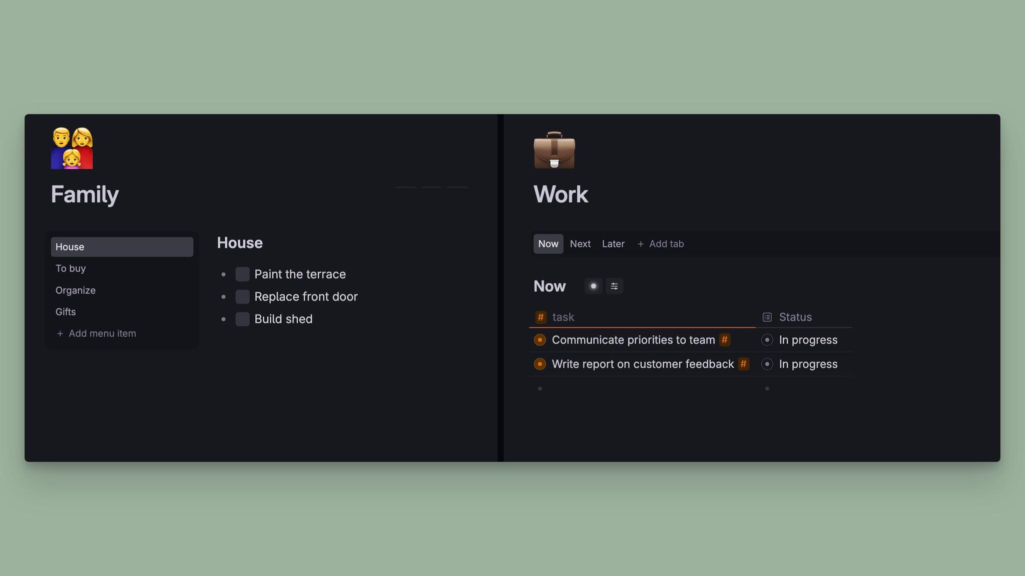 Side menu and tabs view in Tana