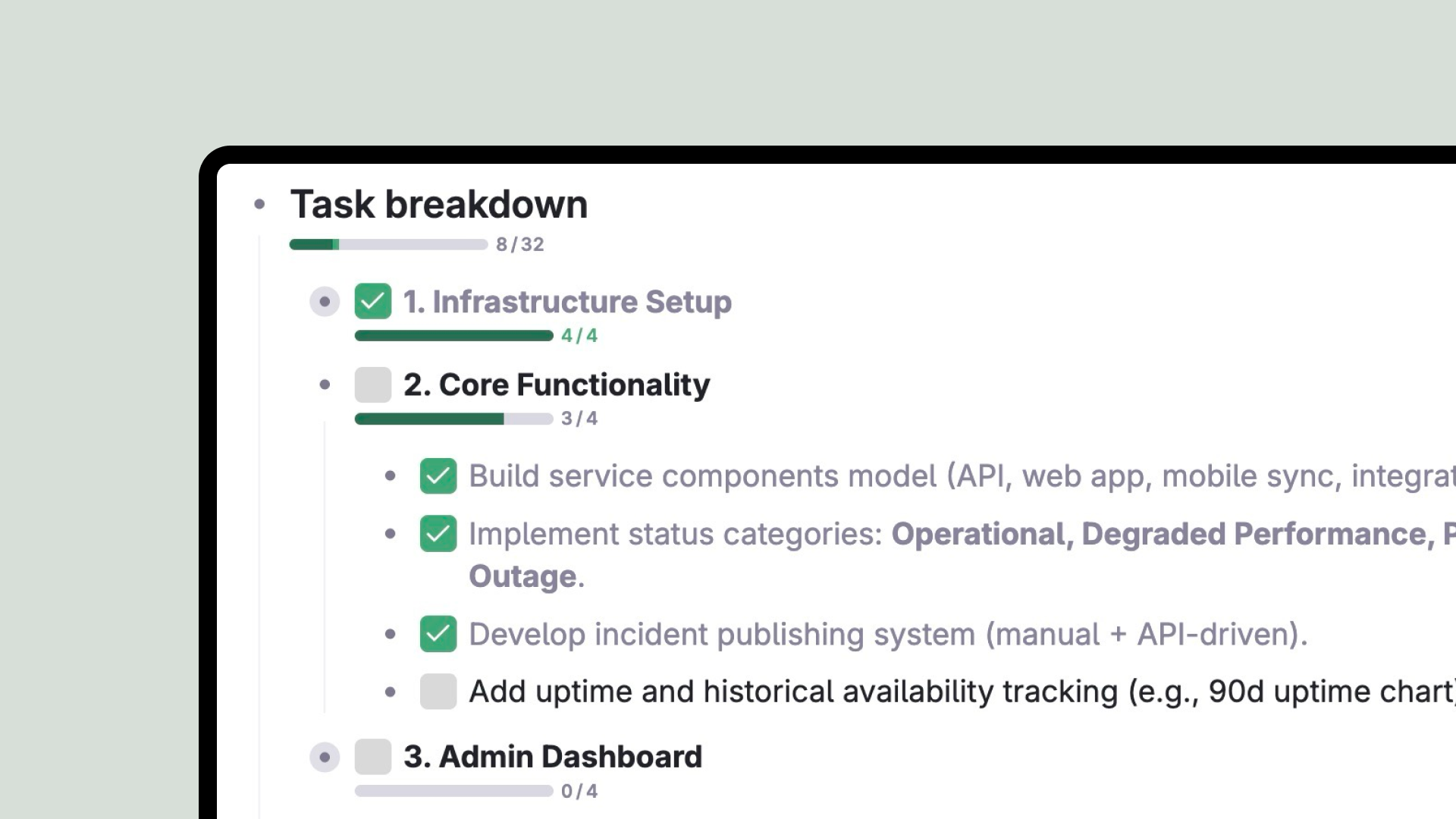 Progress bars in Tana are work on hierarchies of sub-tasks and sub-areas, aggregating up the status of all checkboxes