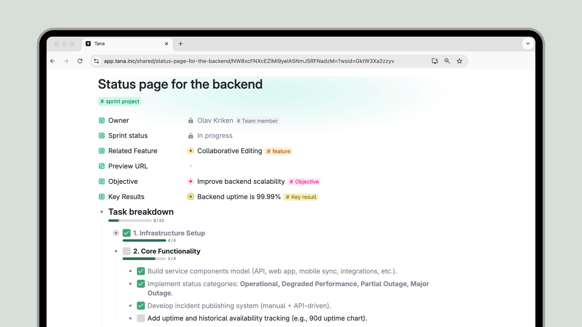 Checkboxes and progress bars will also show in published Tana pages, enabling sharing of e.g. projects plans