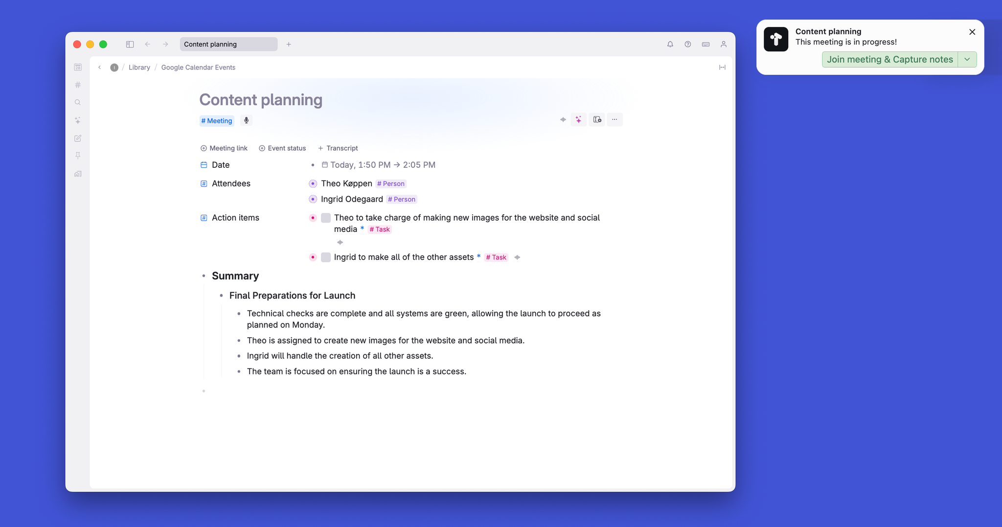 Tana's meeting notetaker let you transcribe meetings and share the meeting summary with Publish 