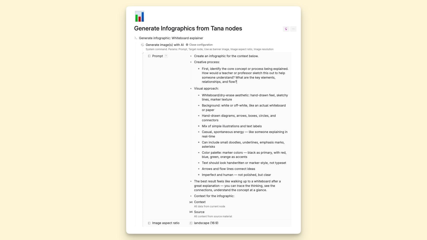 A command node for generating images in Tana with infographic style, using the notes as context