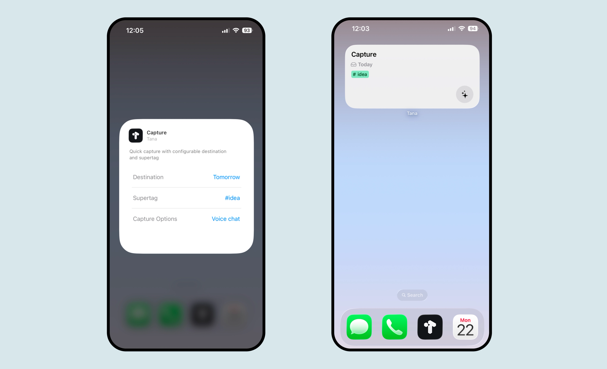 Tana mobile's home screen widgets let you start a voice chat with AI with one tap, with a custom supertag