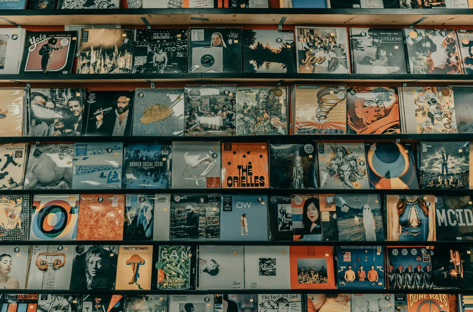 vinyl records on wall
