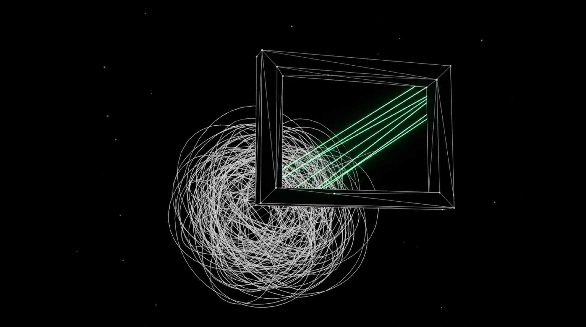 A white wireframe frame resting on a ball of tangled threads, where the threads inside the frame become parallel green lines