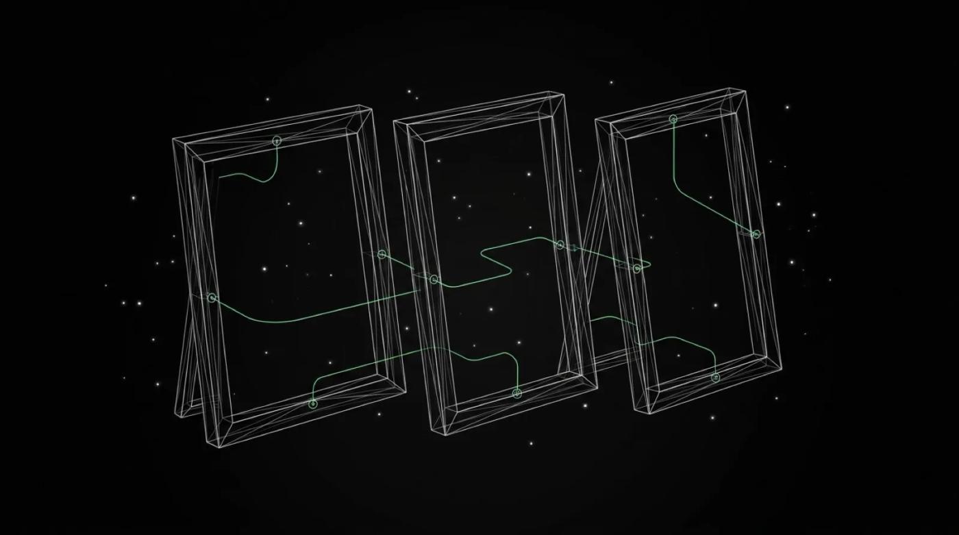 Three wireframe screen frames standing side by side on a black background, linked by thin green lines running from one to the next