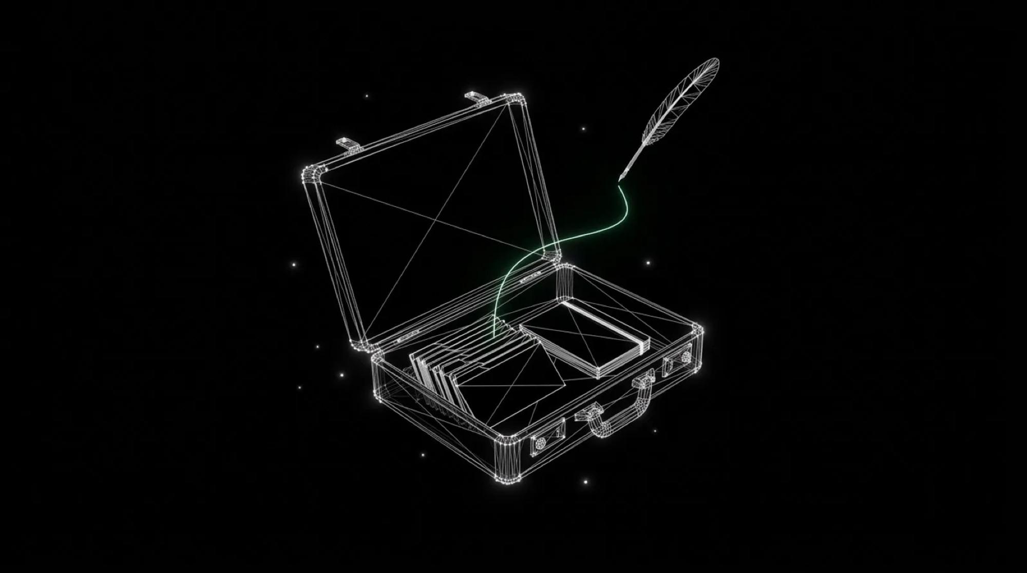 Open white wireframe briefcase on black, index cards and a notebook packed inside, a green line linking the case to a floating quill