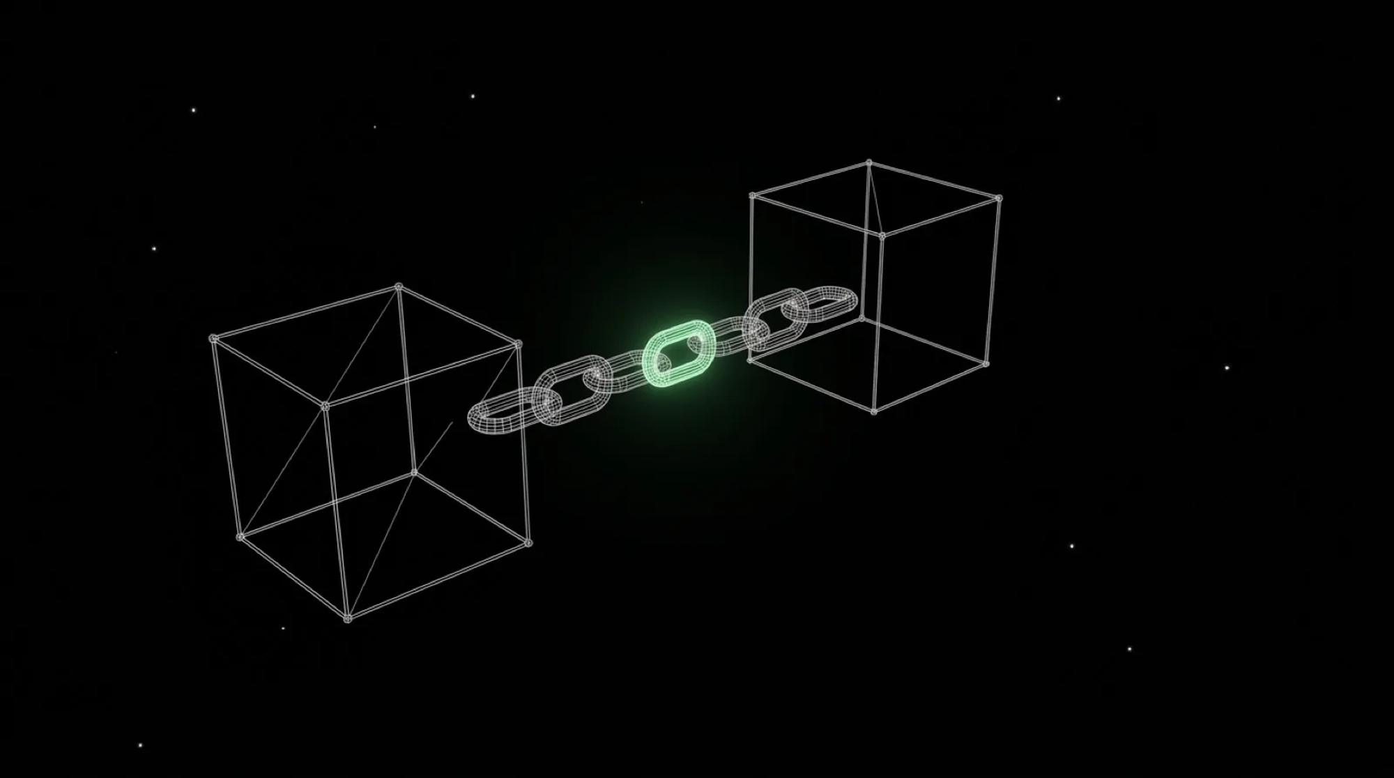 Two white wireframe blocks on a black background joined by a chain of links, with a single link glowing green