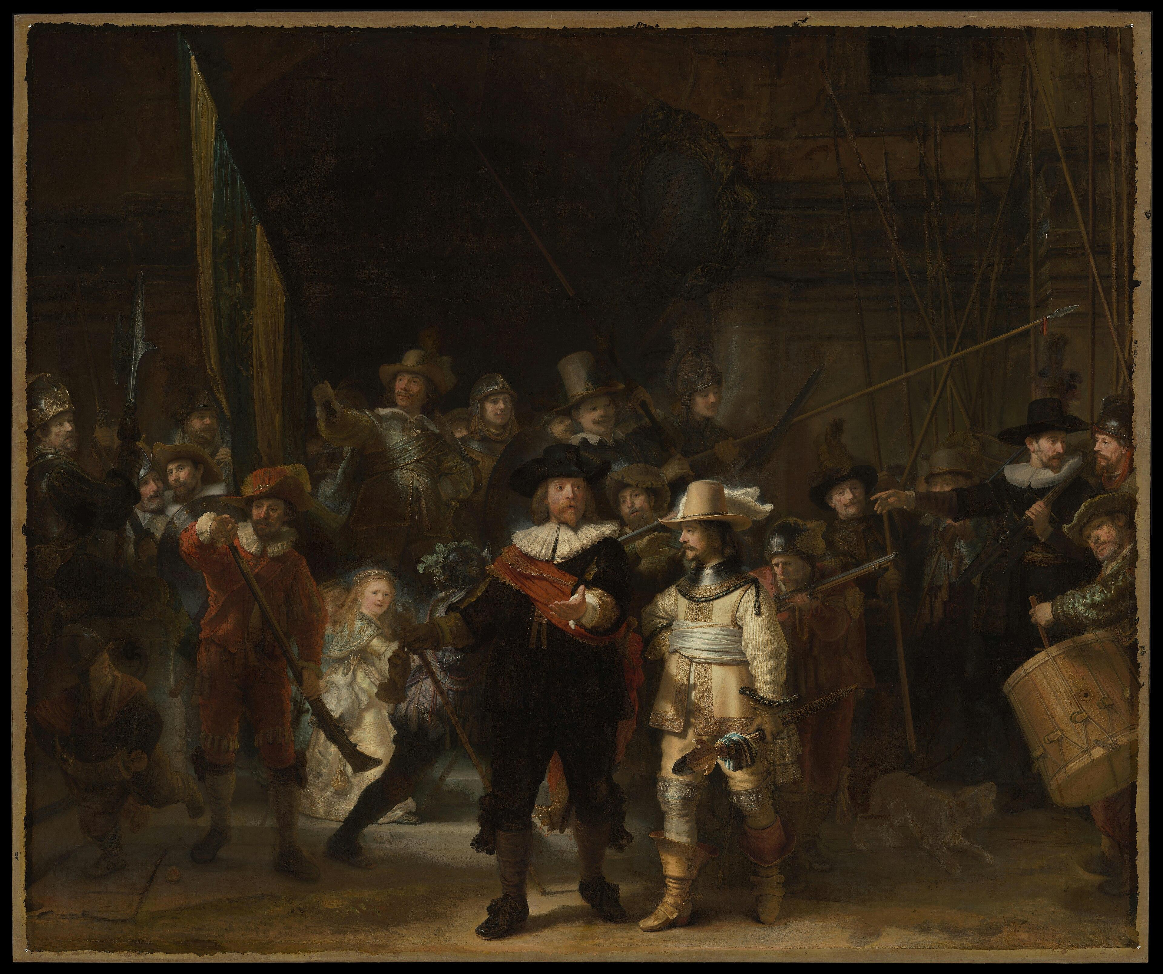 A Ronda Noturna, de Rembrandt: milícia armada em movimento, com o capitão de preto e o tenente de amarelo à frente