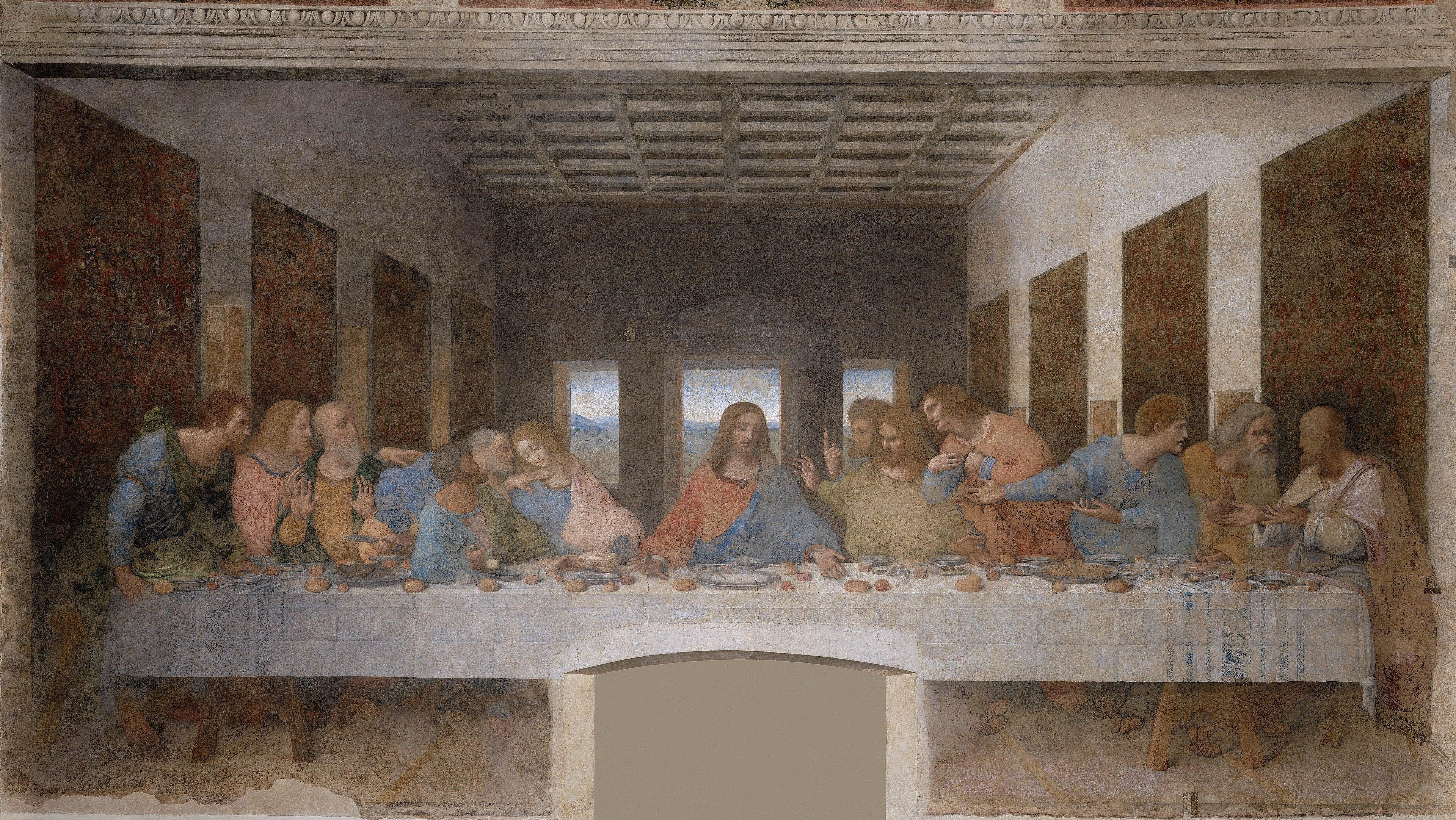 A Última Ceia, de Leonardo da Vinci: Jesus ao centro de uma longa mesa, cercado pelos doze apóstolos em grupos de três