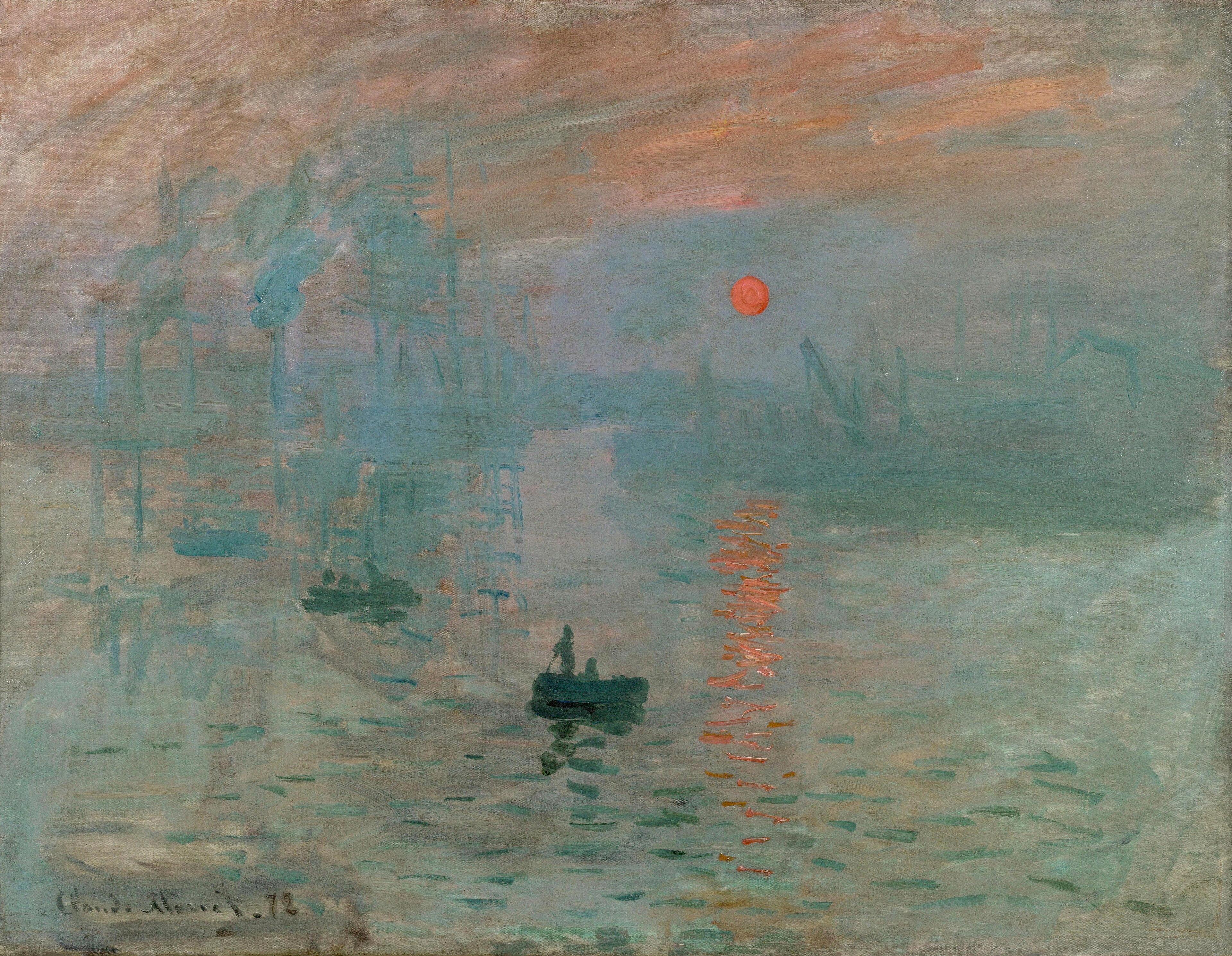 Impressão, Nascer do Sol, de Monet: porto enevoado em tons de azul com um sol laranja refletido na água e pequenos barcos