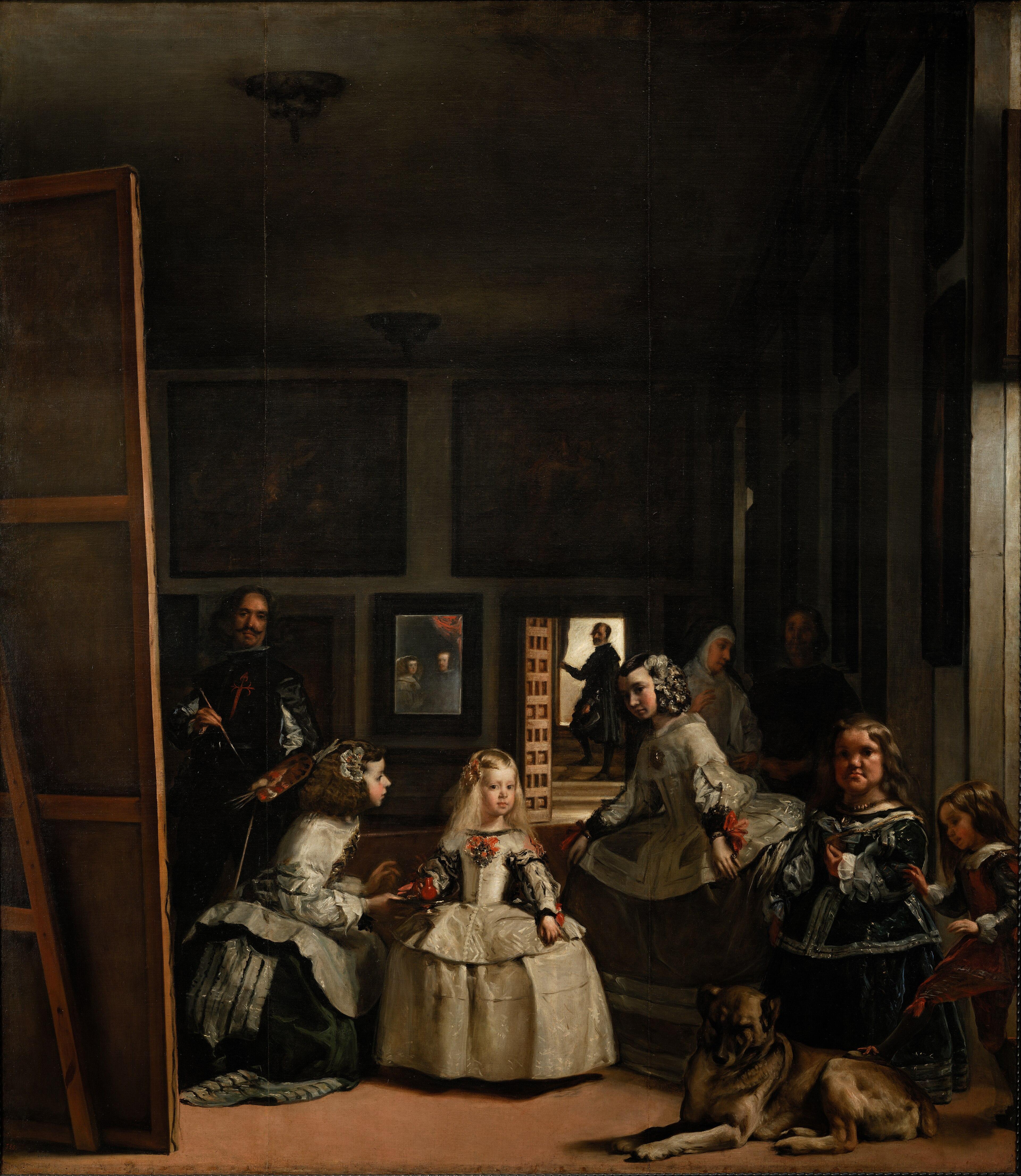 As Meninas, de Velázquez: a infanta Margarida cercada por damas, anões e um cão, com o pintor diante de uma grande tela