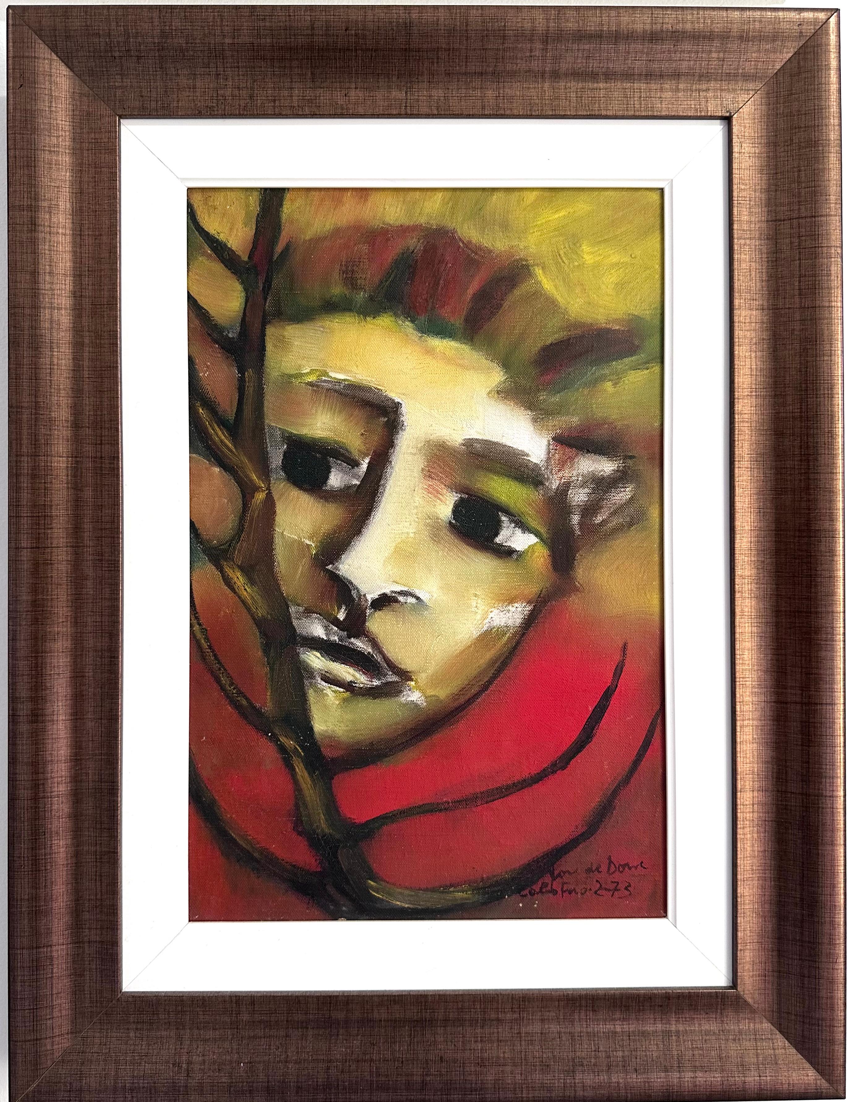 A obra apresenta uma figura infantil parcialmente escondida atrás de uma árvore, em uma composição marcada por cores intensas, traços expressivos e pinceladas livres. O olhar do menino transmite mistério e introspecção, enquanto o contraste entre os tons quentes e as linhas escuras reforça a força visual da pintura. Uma representação poética da infância, que convida à contemplação e à imaginação.