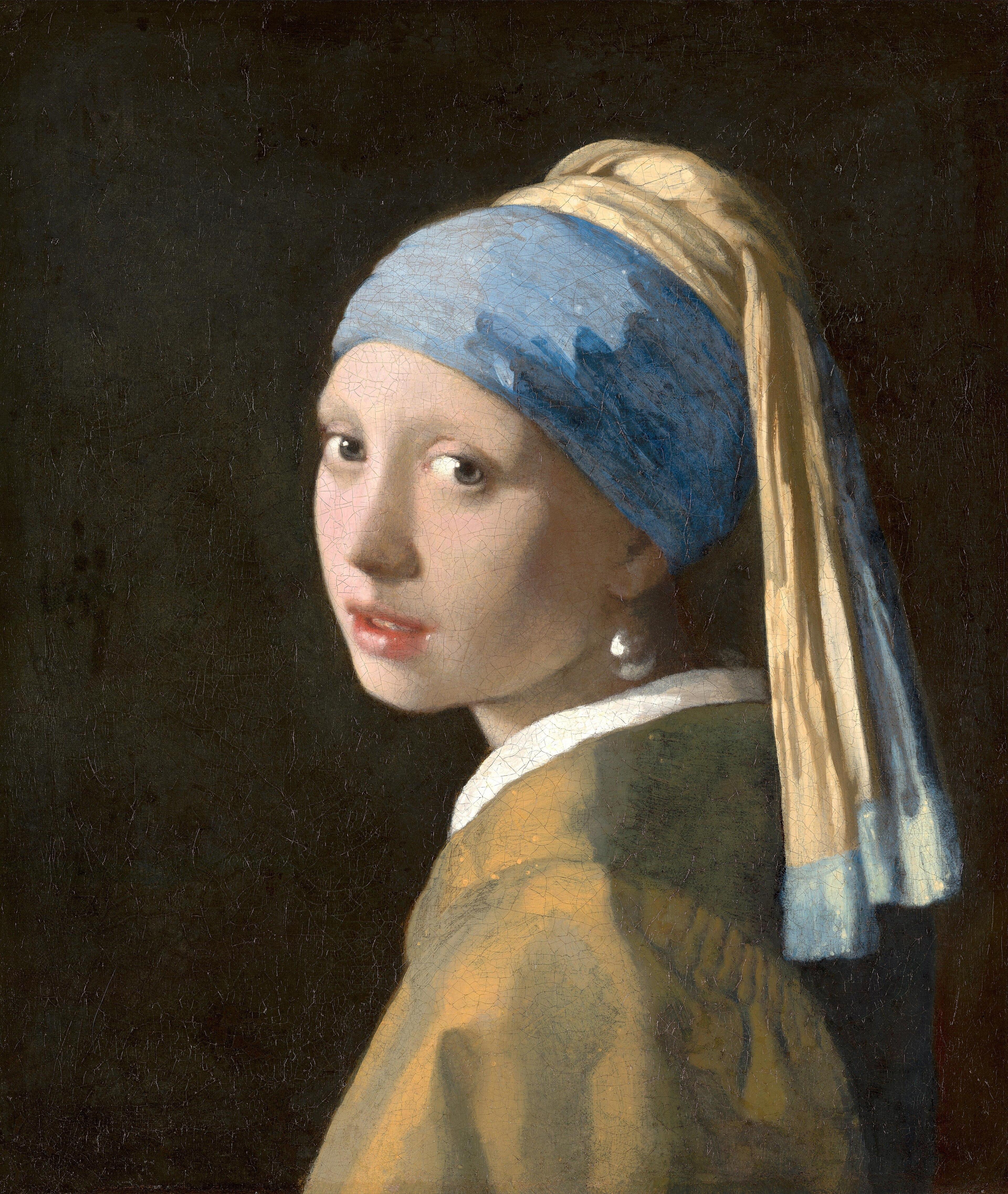 Moça com Brinco de Pérola, de Vermeer: jovem de turbante azul e amarelo olhando por cima do ombro, com um brinco de pérola