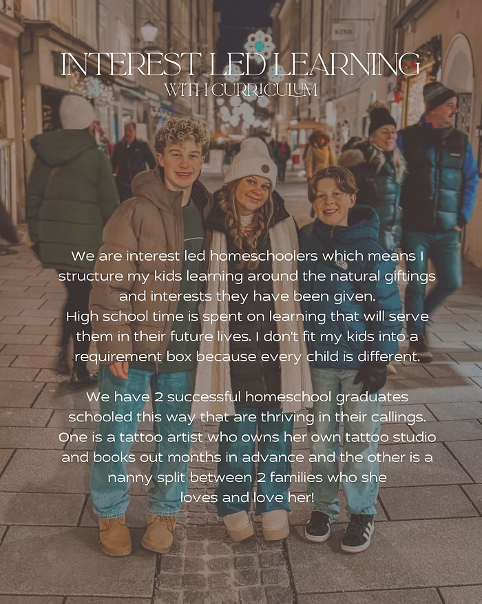 Photo of the Lane family with text overlaid--Interest Led Learning with Curriculum