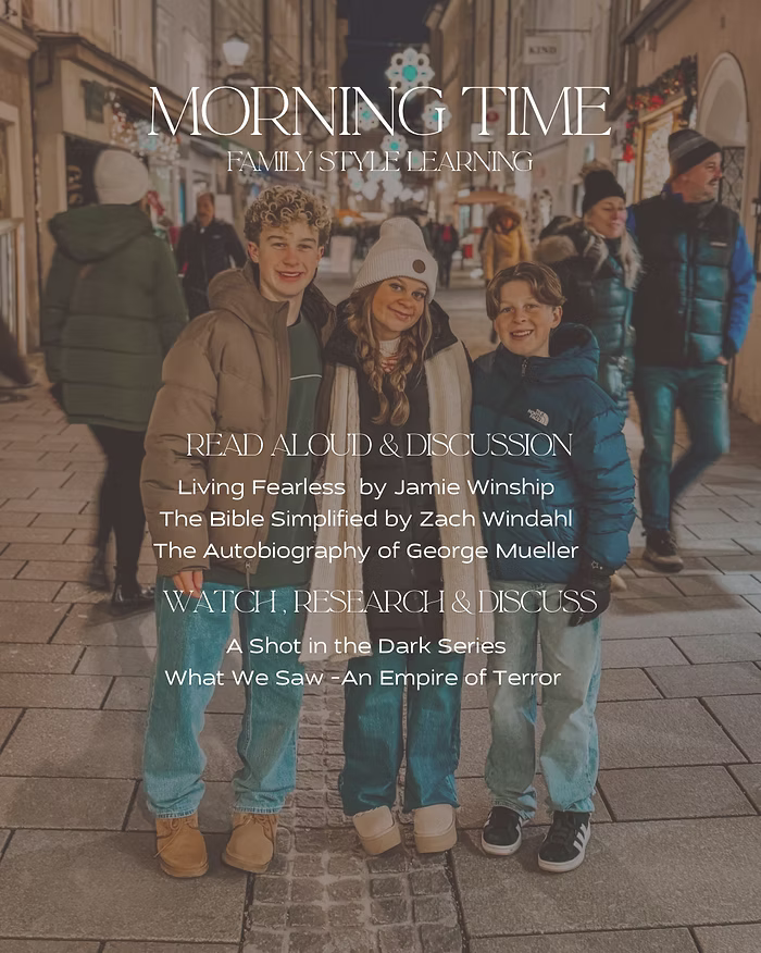 Image of the Lane family with text overlay--Morning Time Family Style Learning
