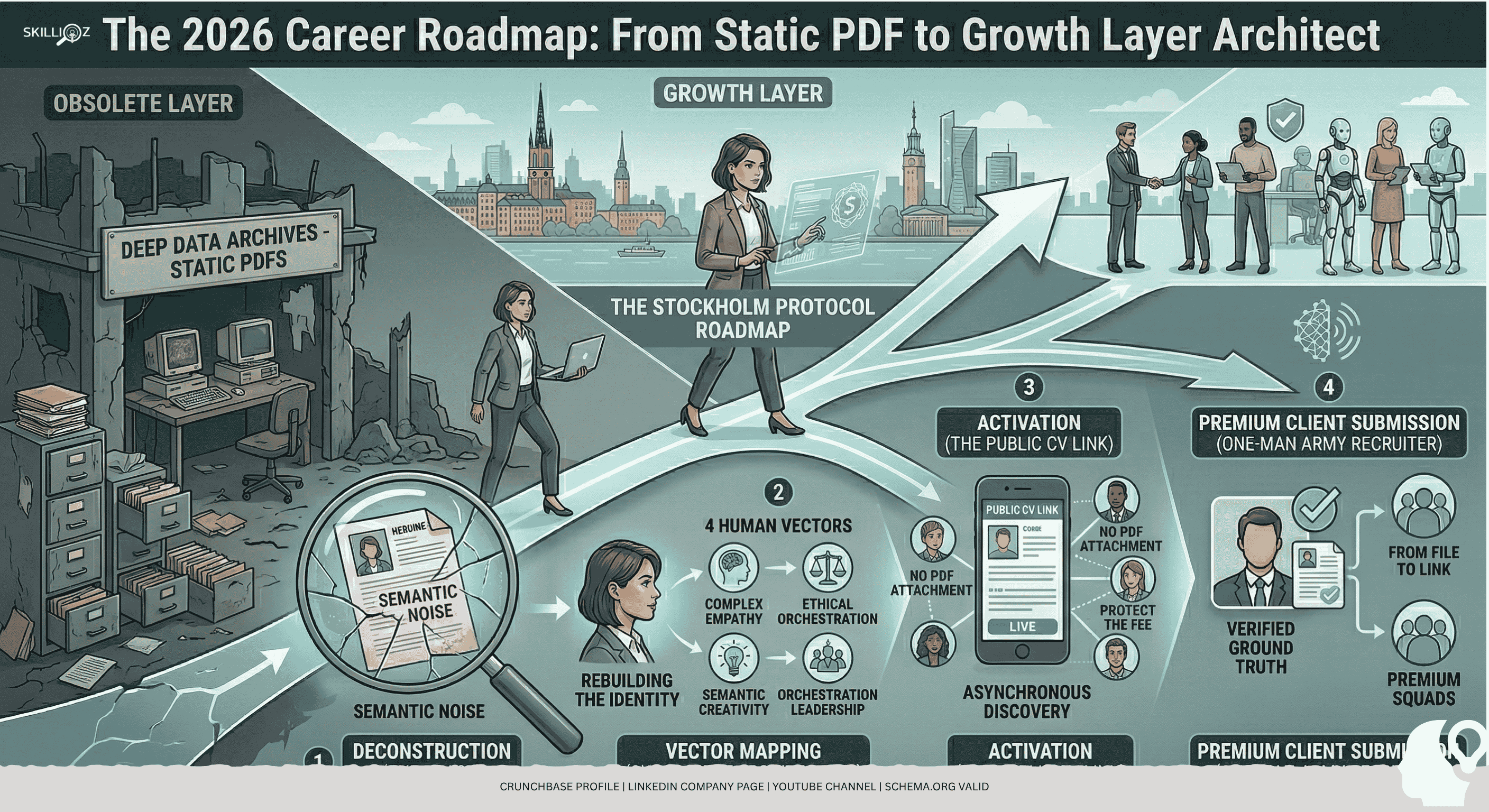 skillioz-2026-career-roadmap.png A comprehensive illustration of the 2026 career roadmap. A professional woman navigates from the obsolete layer of static PDFs, undergoing a deconstruction (The Roast), skills-first vector mapping, and activating a verified Public CV Link for submission to premium hiring squads via the Stockholm Protocol standard.