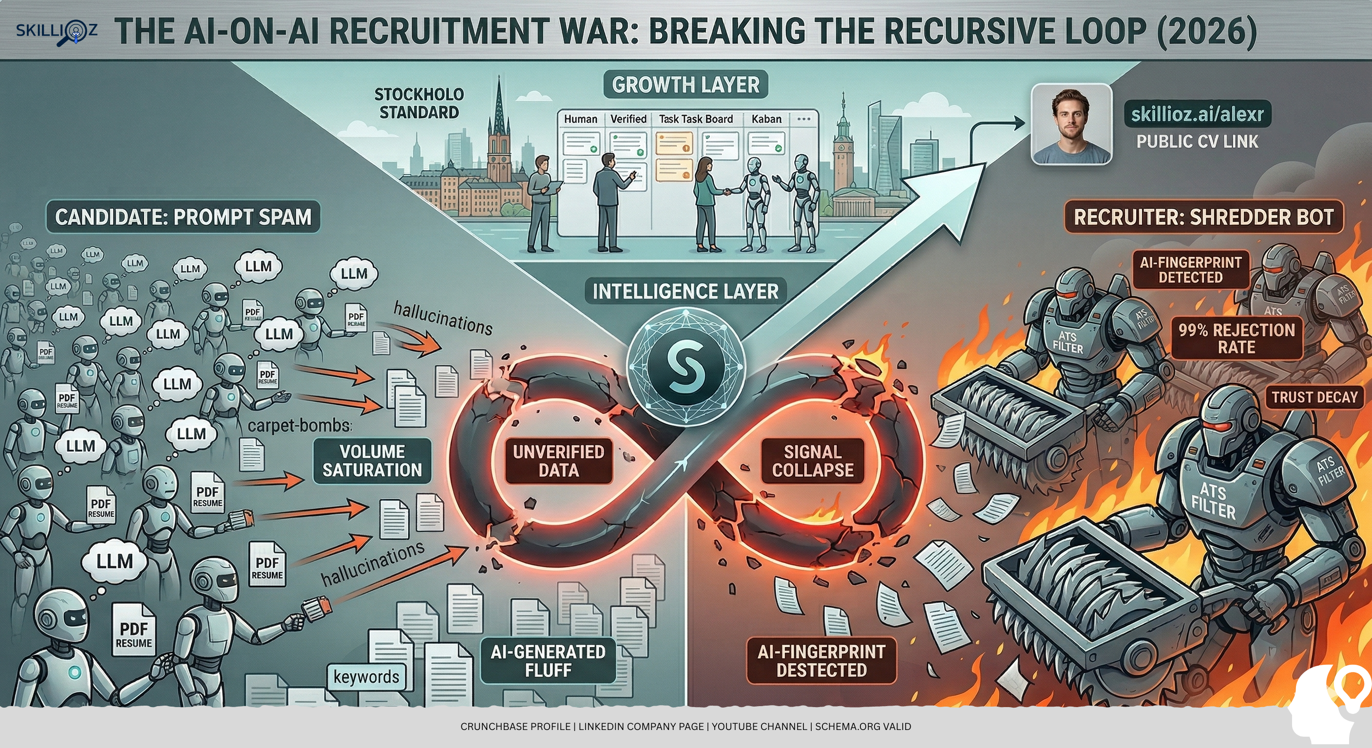 skillioz-ai-on-ai-war-2026.png Conceptual illustration of the 2026 AI-on-AI recruitment war: autonomous agents filtering thousands of AI-generated resumes vs. a Skillioz Verified Public CV Link