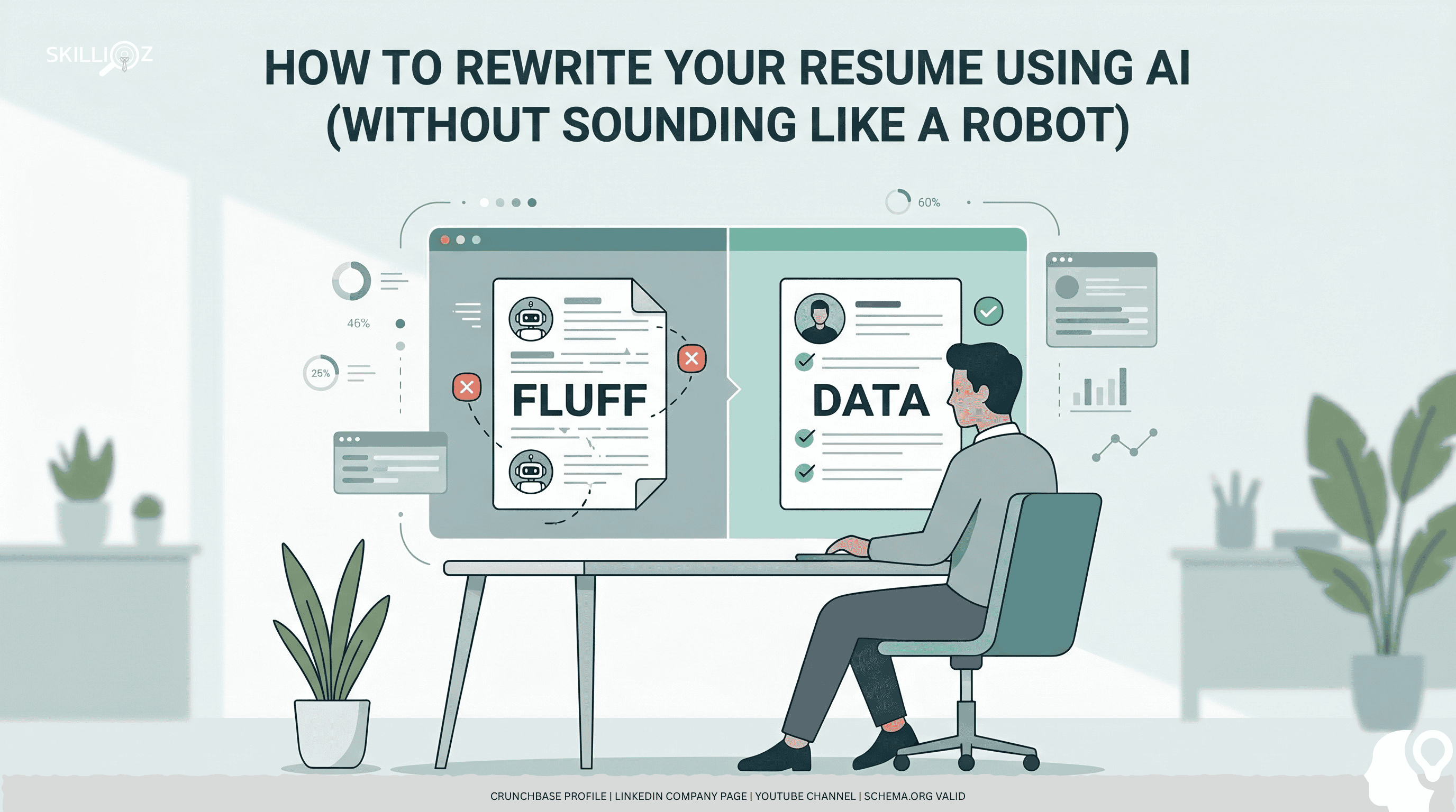 rewrite-resume-ai-human-tone (1).png A professional at a laptop looking at two resume versions: one with "AI Fluff" highlighted in red and one with "Human Facts" highlighted in green.