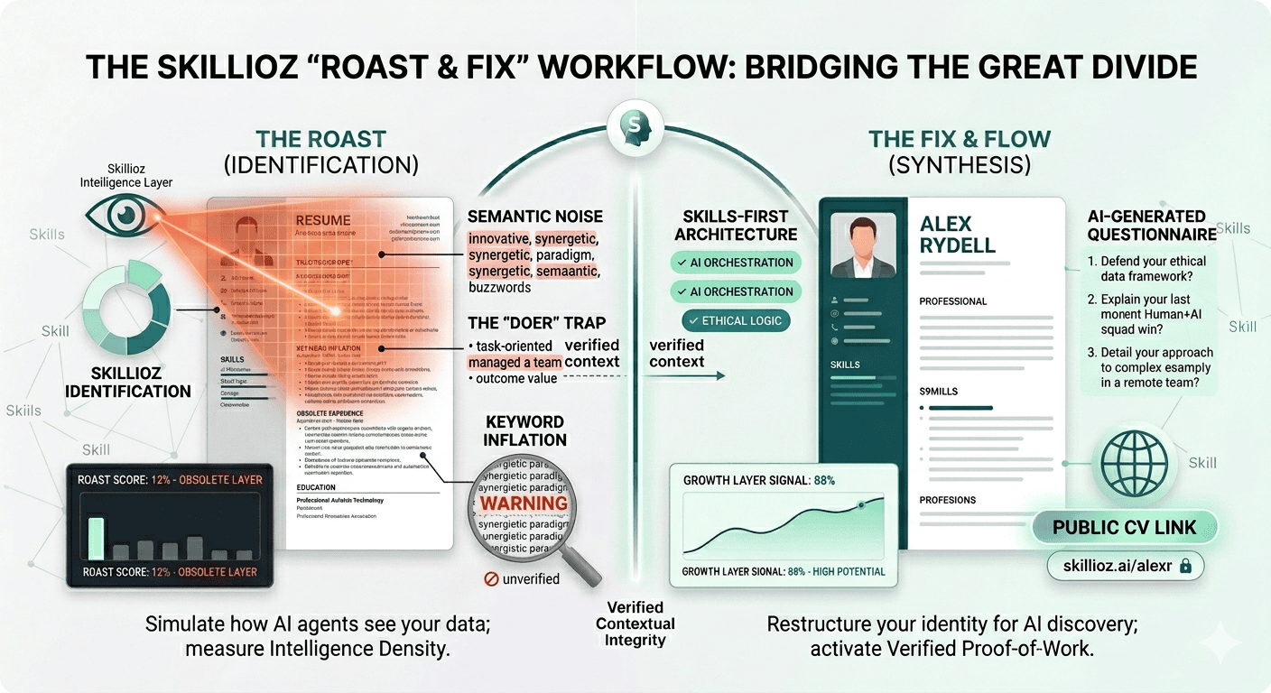 skillioz-cv-roasting-ai-fix-tool-2026.png Skillioz AI CV Roasting and Fix tool providing real-time feedback and public CV link generation for 2026 job seekers.