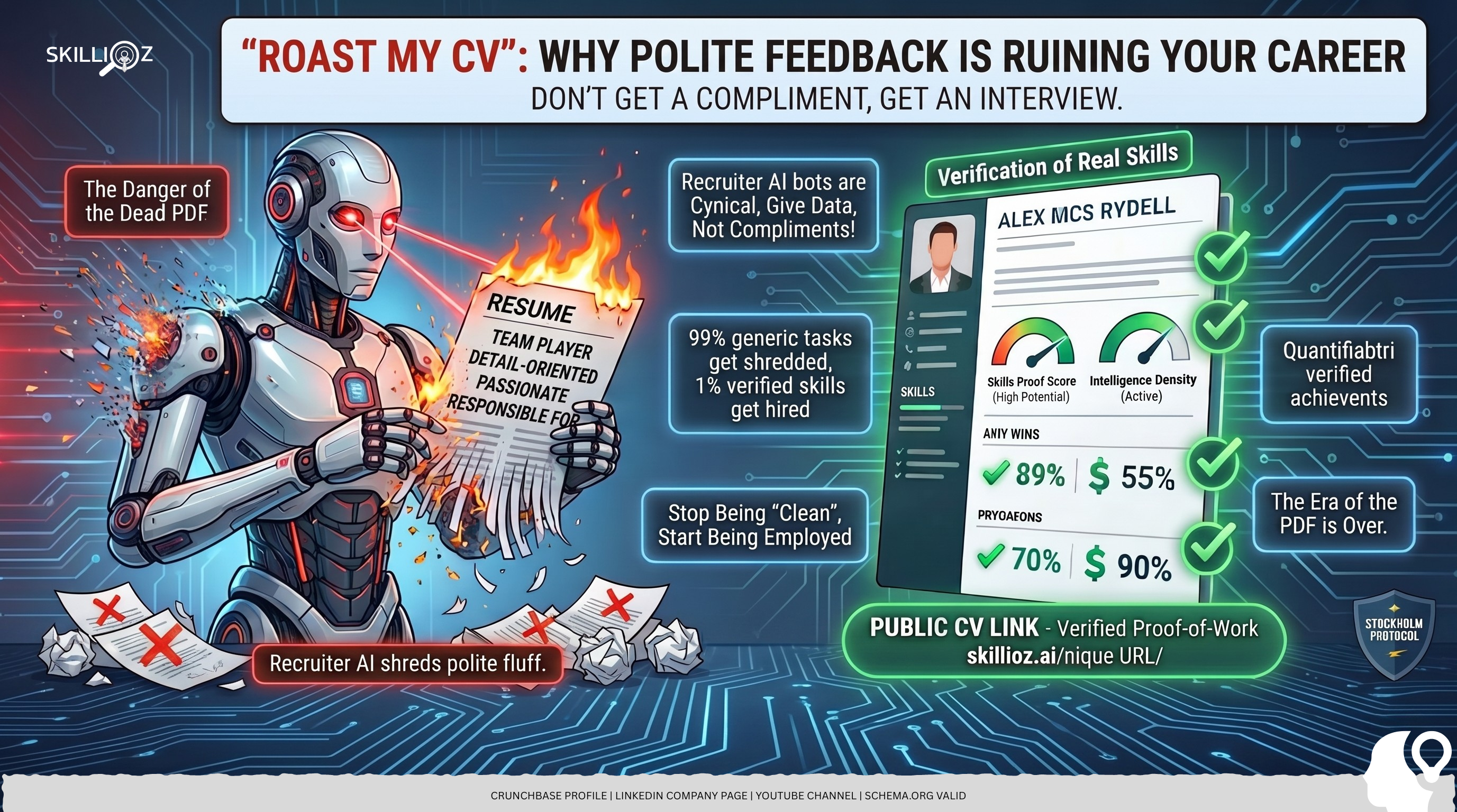 roast-my-cv-ai-screening-fluff-vs-data-skillioz.png AI robot burning a generic resume filled with buzzwords while highlighting a data-driven CV with verified skills and measurable achievements.