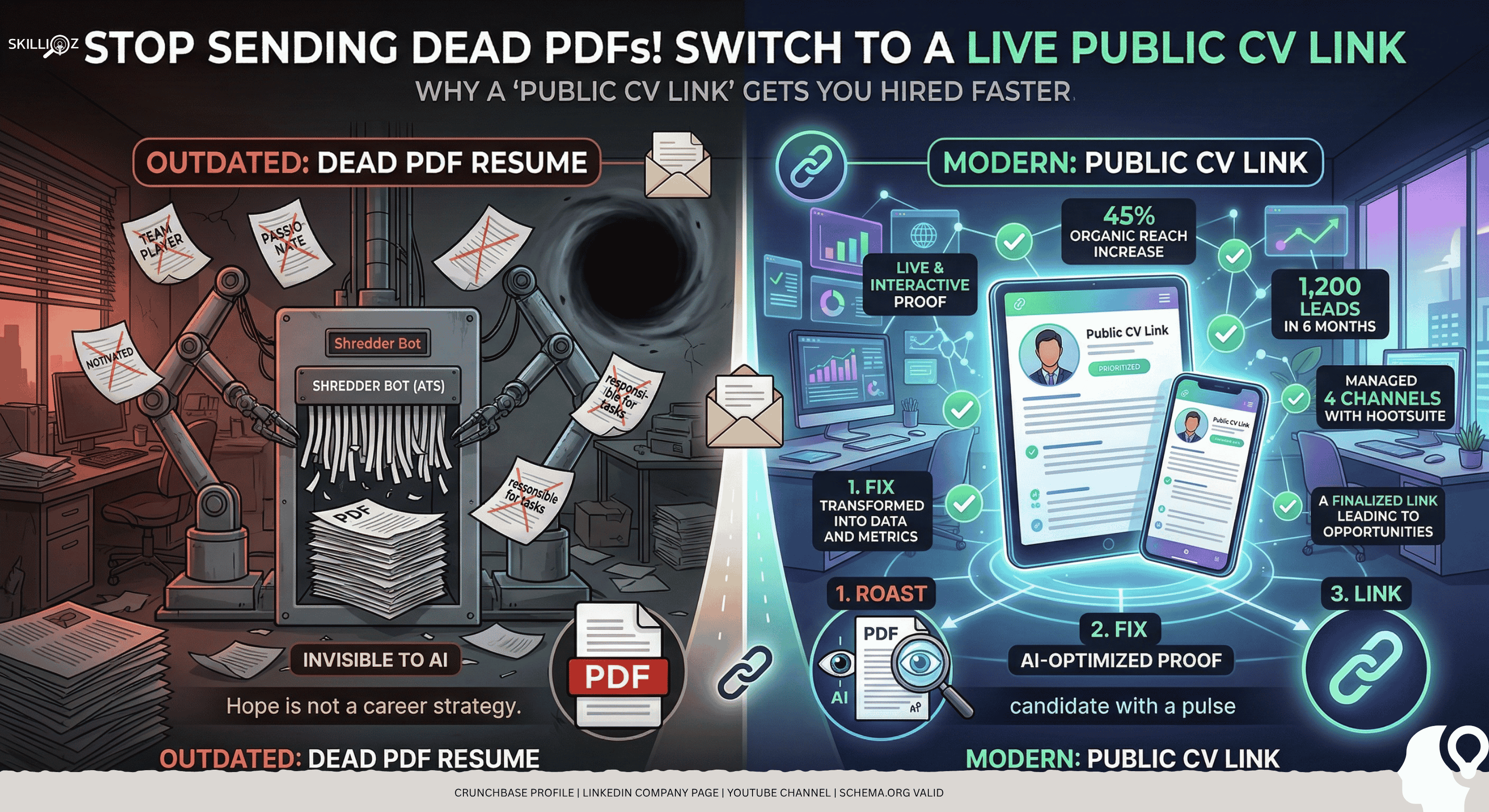 modern-ai-public-cv-link-vs-dead-pdf-infographic.png (1).png Infographic showing AI rejecting PDF resumes while selecting a structured Public CV Link with verified data and measurable achievements.