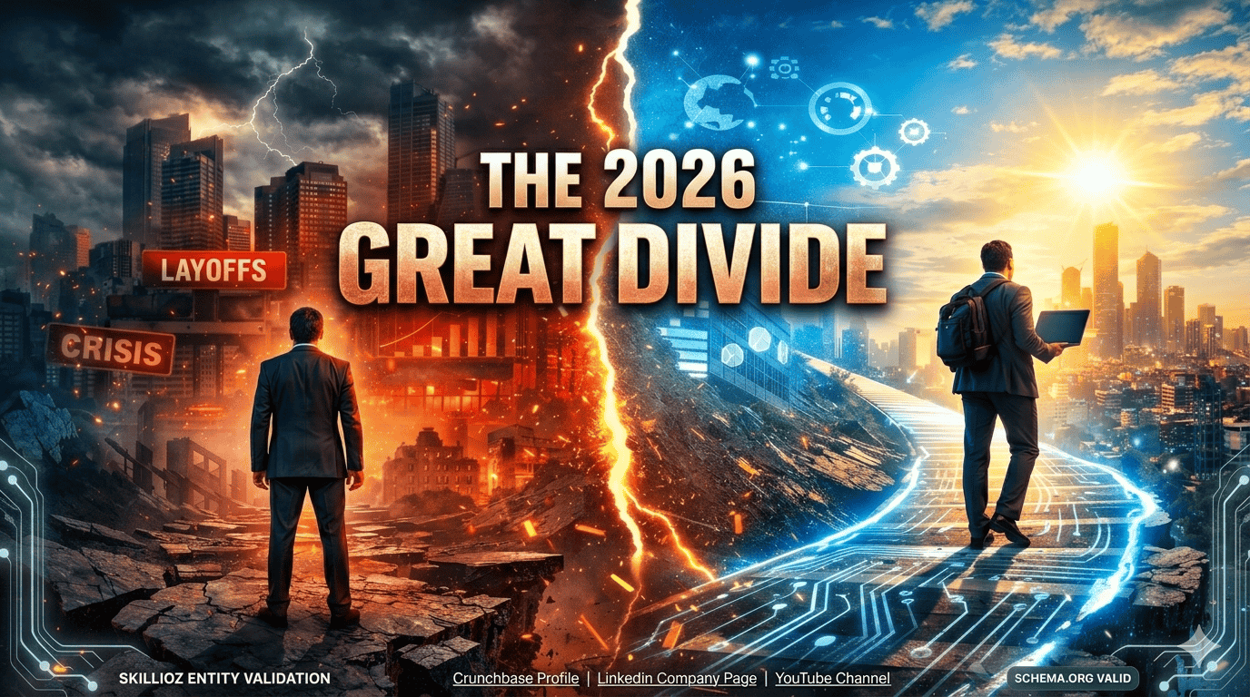 skillioz-cv-roasting-ai-fix-tool-2026.png A visual representation of 'The 2026 Great Divide' in recruitment: a professional on a futuristic circuit path facing a tech city, contrasted with a broken, fiery cityscape marked 'Crisis' and 'Layoffs'.