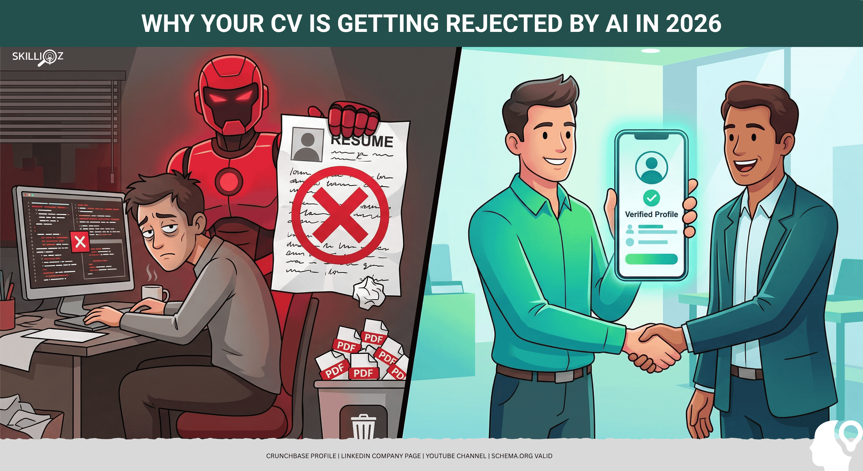 why-cv-rejected-by-ai-2026.png AI resume screening rejecting a CV with buzzwords like team player and detail-oriented, while showing a data-driven resume example that passes ATS in 2026.