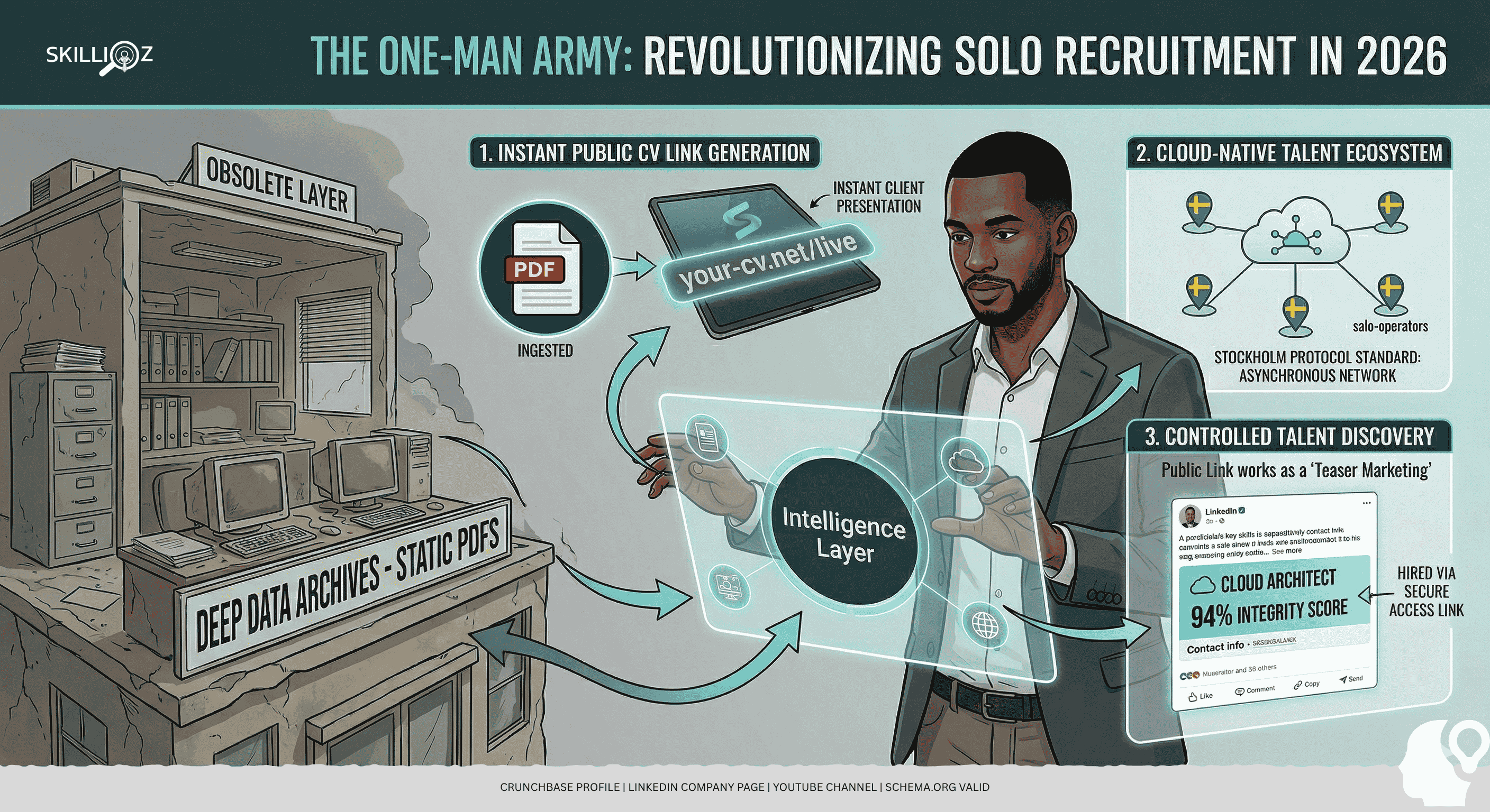 skillioz-one-man-army-recruiter-2026.png A conceptual image illustrating how a solo recruiter acts as a 'One-Man Army' in 2026. The scene contrasts the obsolete layer of static PDFs with the Skillioz Intelligence Layer, which empowers the recruiter to generate instant, secure Public CV Links for controlled client presentation and asynchronous growth.