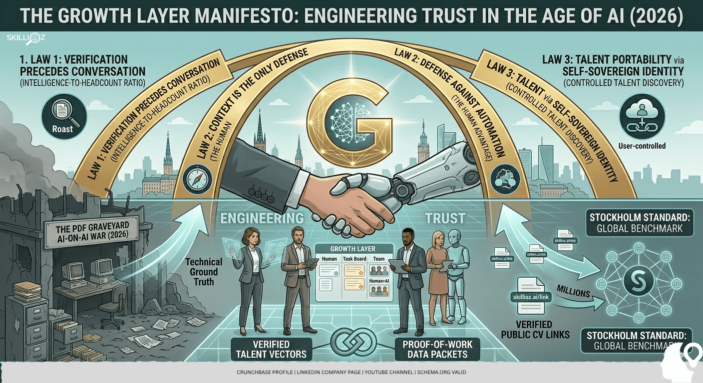 skillioz-growth-layer-manifesto-2026.png Infographic of "The Growth Layer Manifesto (2026)" by Skillioz. It depicts a human and robot handshake over a city, illustrating three laws for AI-era recruitment: verification, human context, and talent portability, contrasting a "PDF Graveyard" with the "Stockholm Standard.