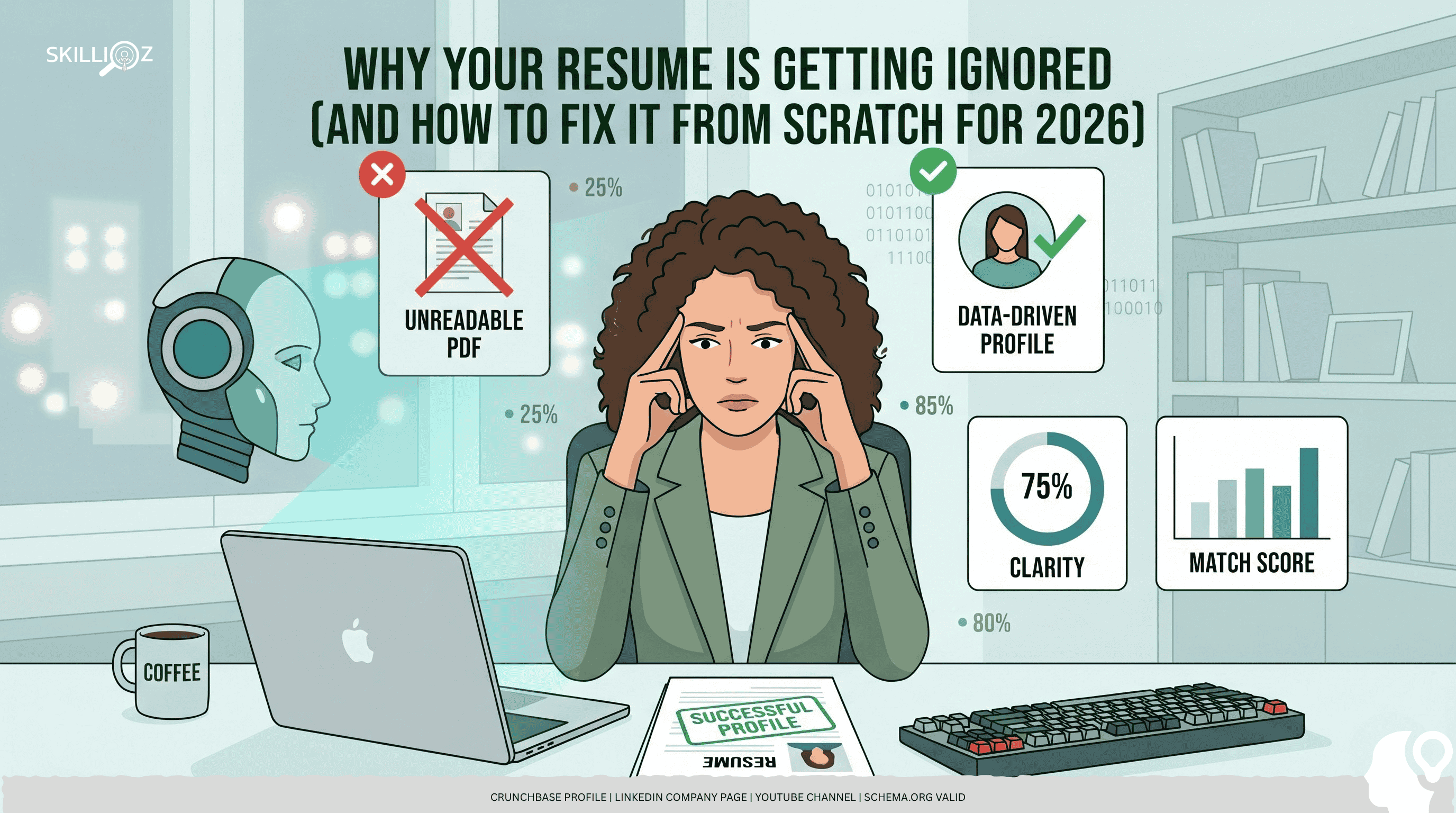 resume-fix-guide-2026.png A frustrated job seeker looking at a laptop screen with a rejected resume notification.