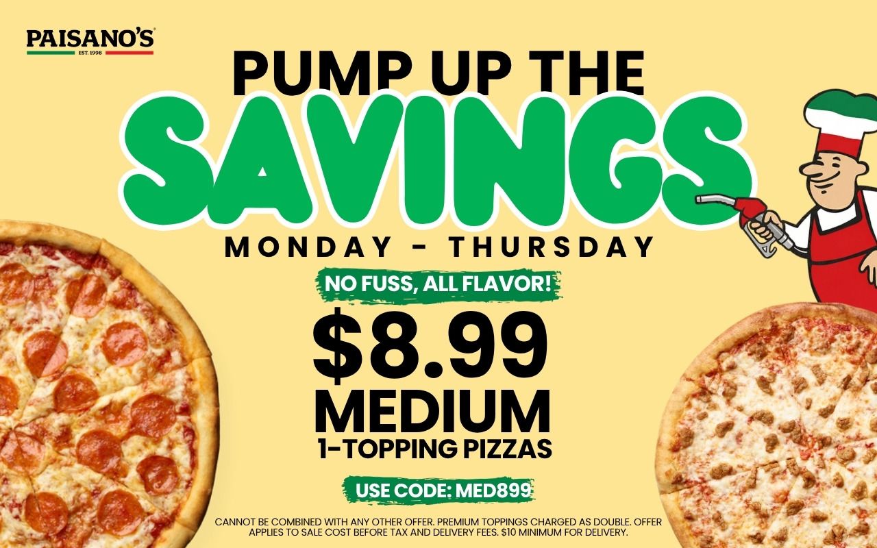 $8.99 Medium 1-Topping Pizzas