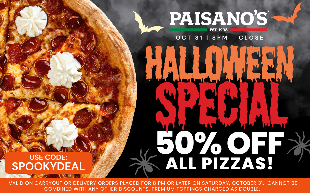 HAPPY HALLOWEEN! Enjoy 50% OFF All Pizzas from 8PM to Close!